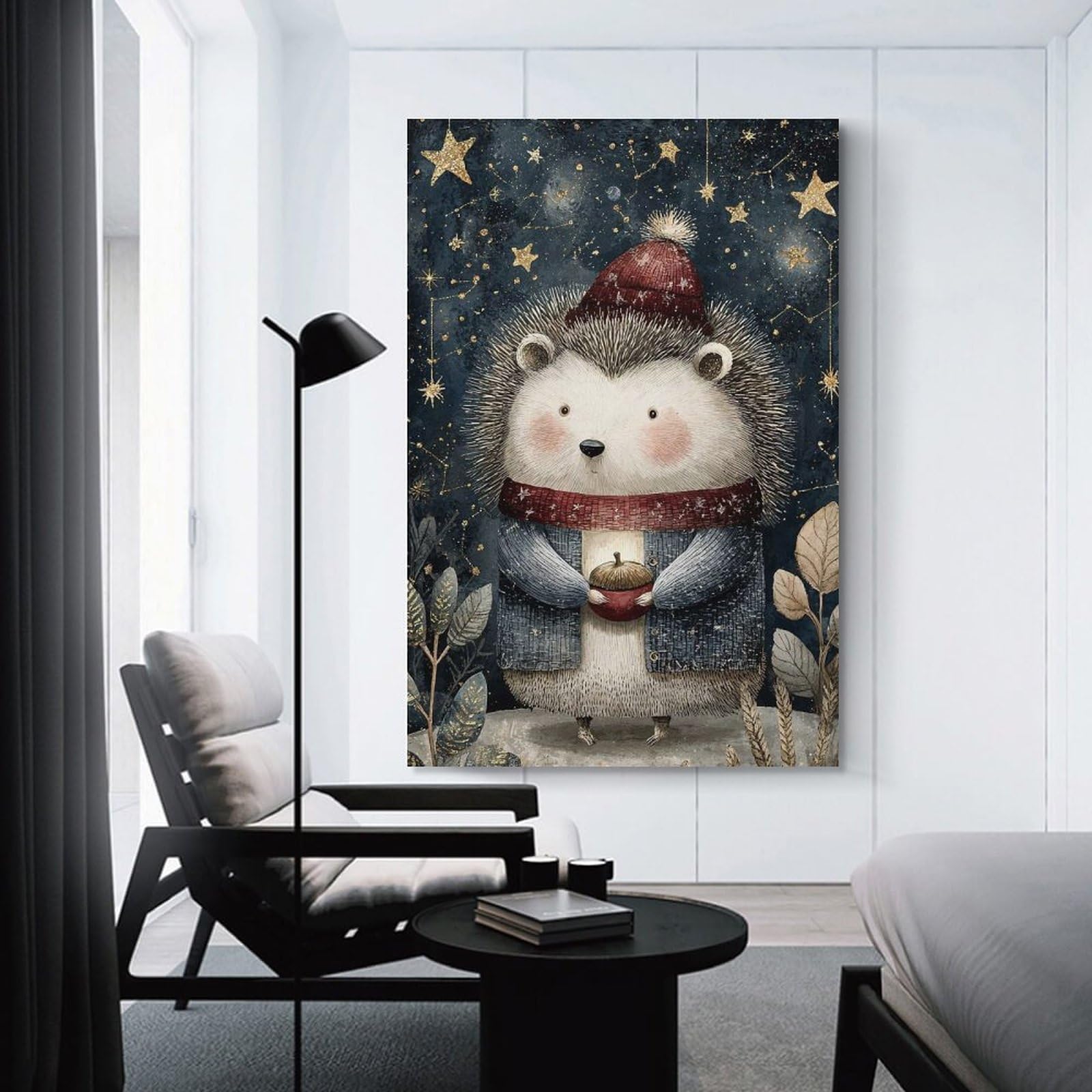 Junmoney Unframe-Style-3 Winter Hedgehog With Acorn And Stars Wall Picture Print, 24X36inch(60X90cm), For Living Room, Bedroom, Office Or Hallway, An Adaptable Decor Piece For Home Use