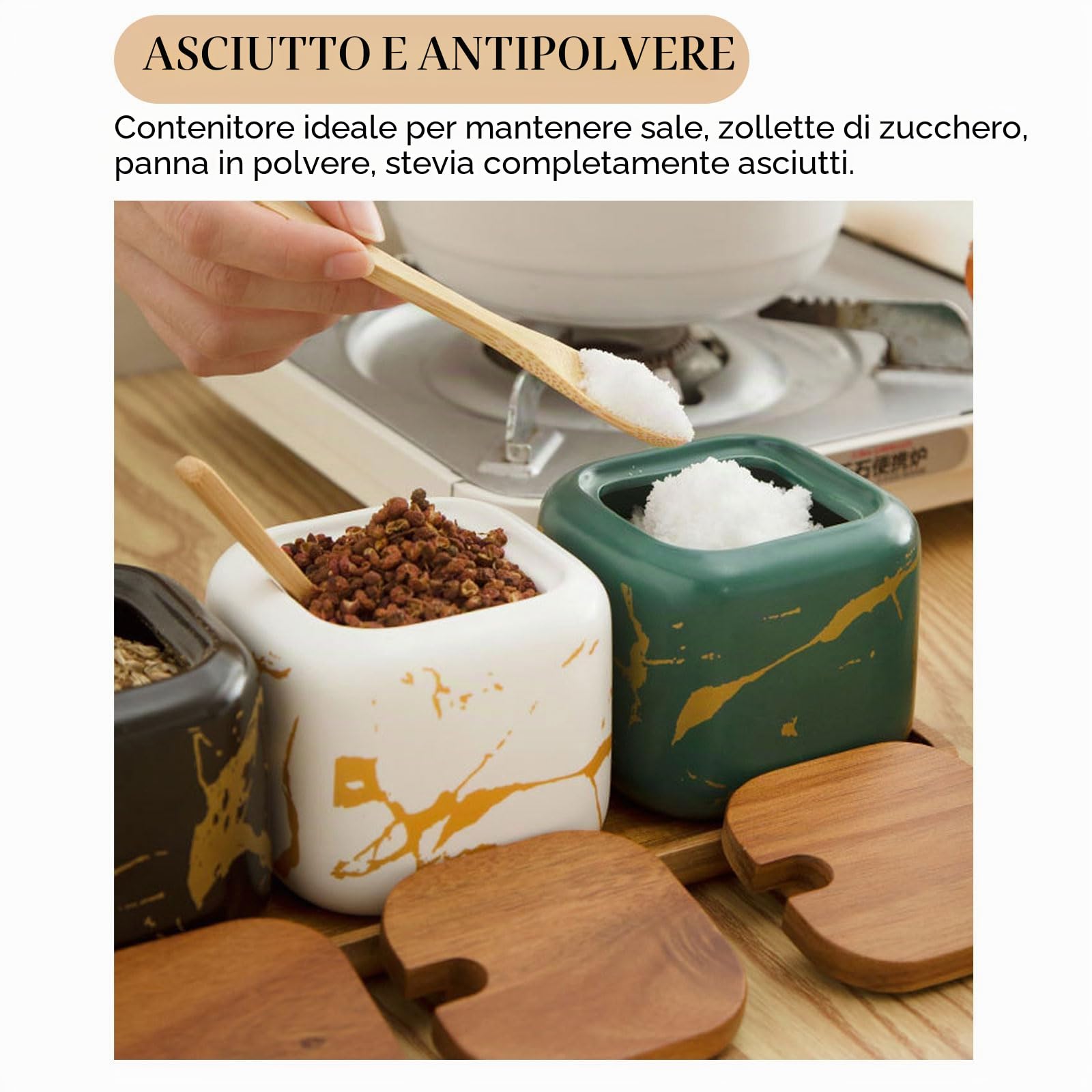 BigKing Set di 3 barattoli per spezie in ceramica, 360 ml, barattoli per spezie da cucina, zuccheriera rotonda con coperchio, cucchiai e vassoio, per cucina e casa