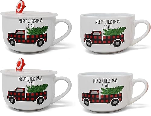 Kovot Juego de cuencos de cerámica con temática navideña de 24 onzas con tapa y asa, uso para ramen, sopa, cereales y como taza de café, lleva tu