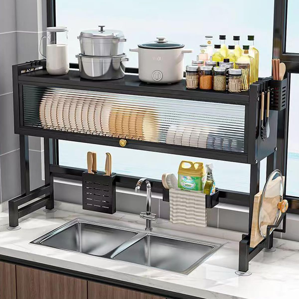 Verida Escurridor de platos sobre el fregadero de 3 niveles, escurridor de platos sobre el fregadero para almacenamiento de platos y cubiertos de cocina, estante para platos que ahorra espacio con
