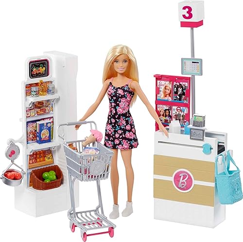 Barbie Tienda de muñecas rubias y comestibles con carrito rodante y cinturón de trabajo