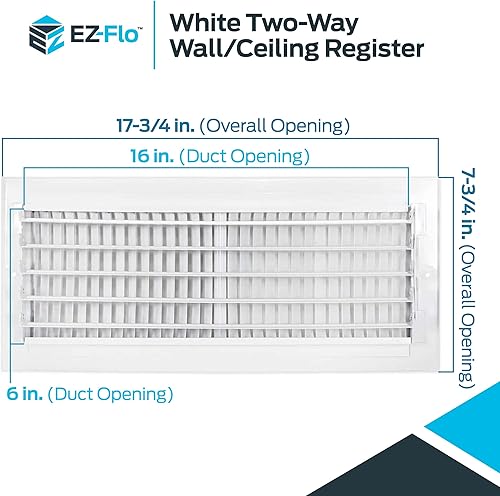 Miniatura 6 de EZ-FLO Cubierta de ventilación blanca de 16 x 6 pulgadas (apertura de conducto) para pared o techo, registro de ventilación bidireccional, cubierta
