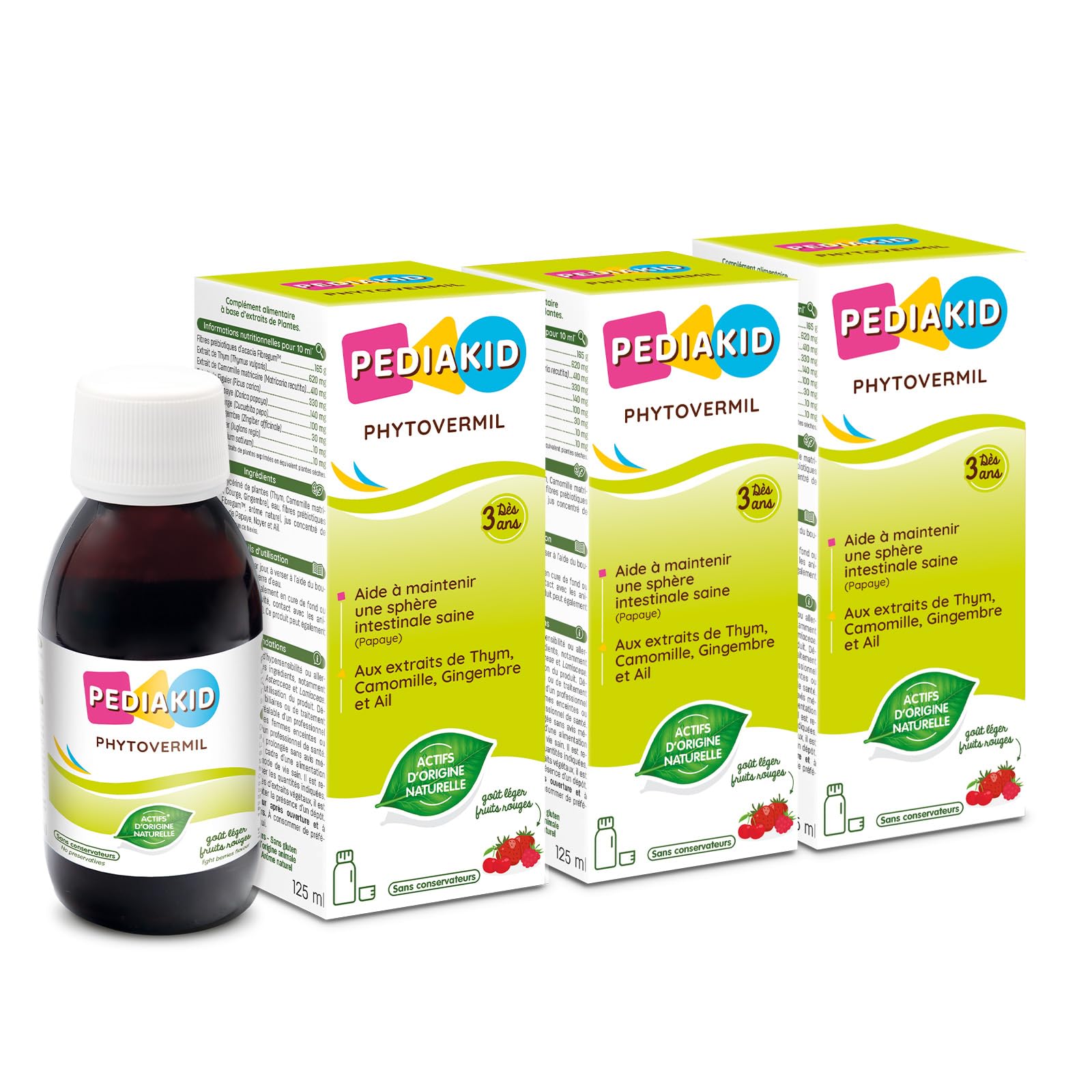 PEDIAKID - Phytovermil - Complément Alimentaire Naturel -​Contribue au Maintien d'une Sphère Intestinale Saine - Bouchon Doseur Inclus - Arôme Fruits Rouges - Lot de 3 Flacons de 125 ml