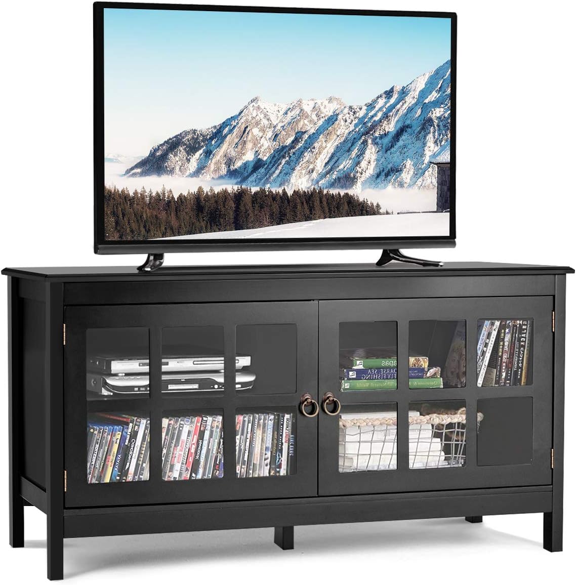 Tangkula TV Stand Cabinet, Modern Wood Large Wide Entertainment Center for TV up to 50", Living Room Media Console Cabinet Stand with 2 Doors (Black)