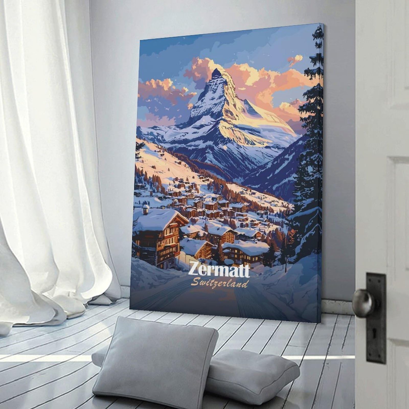 Junmoney Wall Decor Canvas Print Zermatt Switzerland Mountain View, 20x30inch(50x75cm), for Front Hall, Corridor Or Welcome Spaces, A Neat Decor Update for Hallways