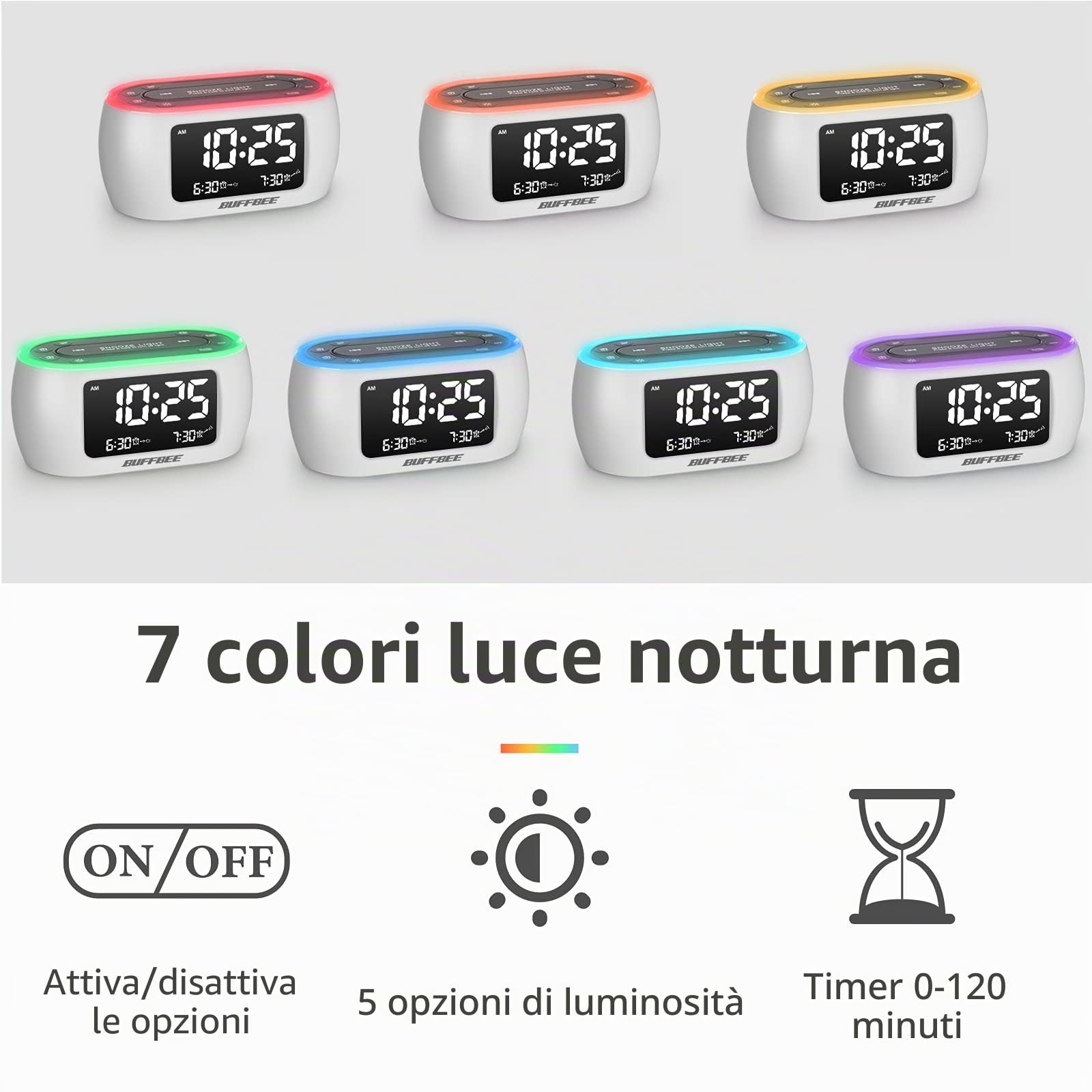 BUFFBEE Radio Sveglia con Luce Notturna 7 Colori, Doppio Allarme, Snooze, Dimmer, Porta USB, Timer Riposo, Sveglia Digitale con Radio FM, Timer Notte - Bianco