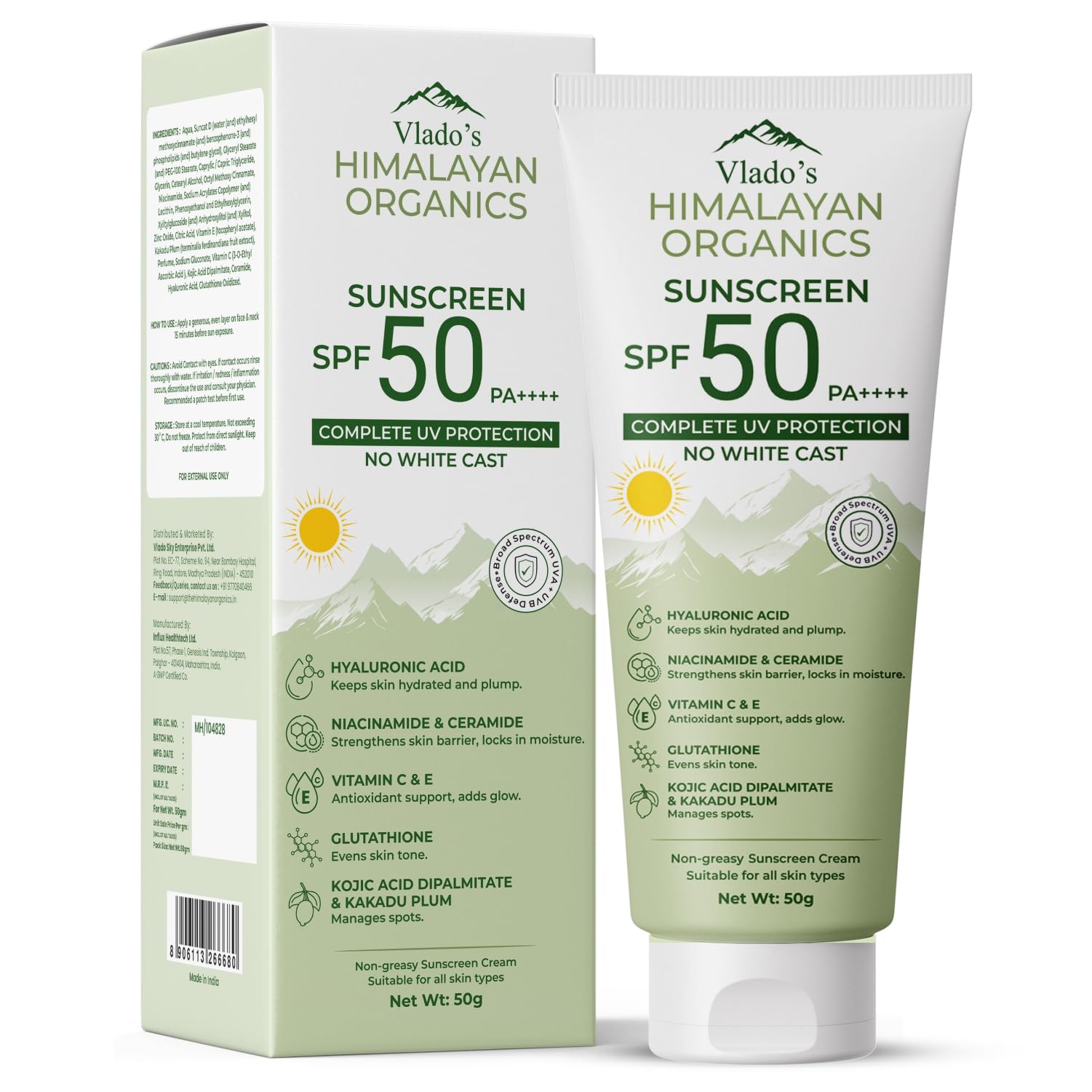 Vlado's Himalayan Organics Sunscreen SPF 50 PA+++ With Hyaluronic Acid, Niacinamide, Glutathione, Vitamin C & E, Kojic Acid, Kakadu Plum & Ceramide | No White Cast, Lightweight, 12H Long Lasting | For Oily, Dry, Sensitive & Combination Skin | Broad Spectrum UVA/UVB Protection | Men & Women