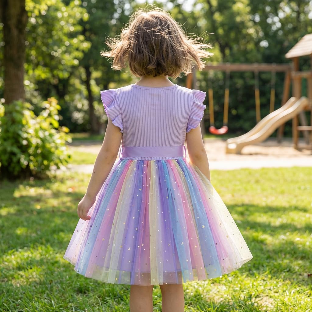 JiAmy Robes en Tulle côtelé pour Filles - Robe de Printemps à Paillettes - Manches Volantes - Arc-en-Ciel - pour Enfants de 1 à 6 Ans