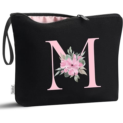 Vavabox A-Z Personalized Makeup Bag, Birthday Gifts for Women Mom, Gifts for Best Friend, Bride Bridesmaid Cosmetic bag (M, Black)