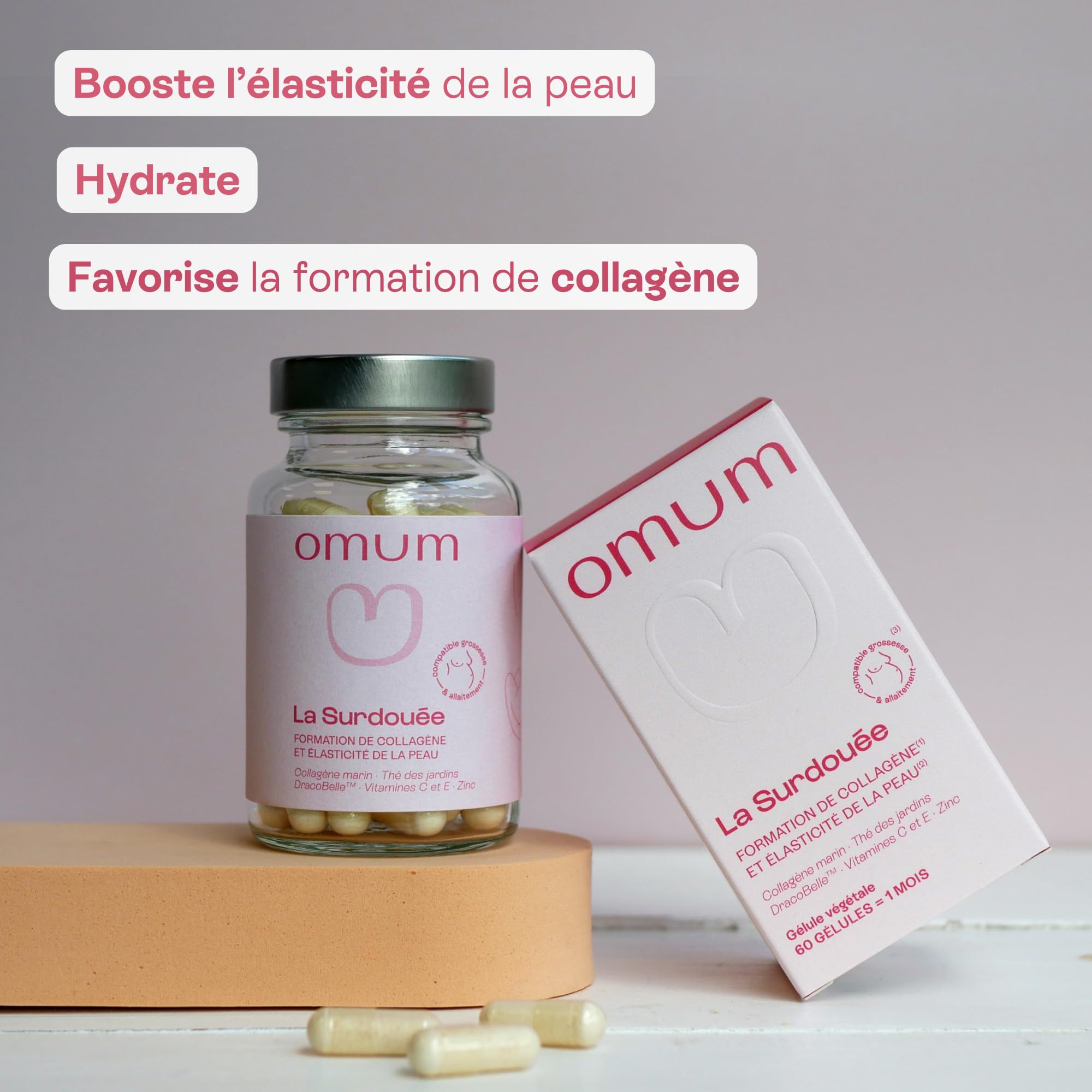 OMUM - La Surdouée - Complément Alimentaire au collagène marin - Elasticité, hydratation beauté de la peau - Compatible grossesse et allaitement, sans gluten ni gélatine - 60 gélules 1 mois de cure
