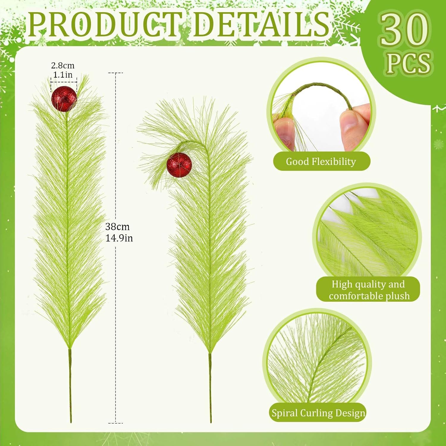 Condition photo showing New/Like New for hananona 30pcs 15" christmas picks and sprays christmas tree filler green curly greenery stems with red ball xmas artificial stems for craftstree decor, vase fillers, home decorations (30, green) green 30