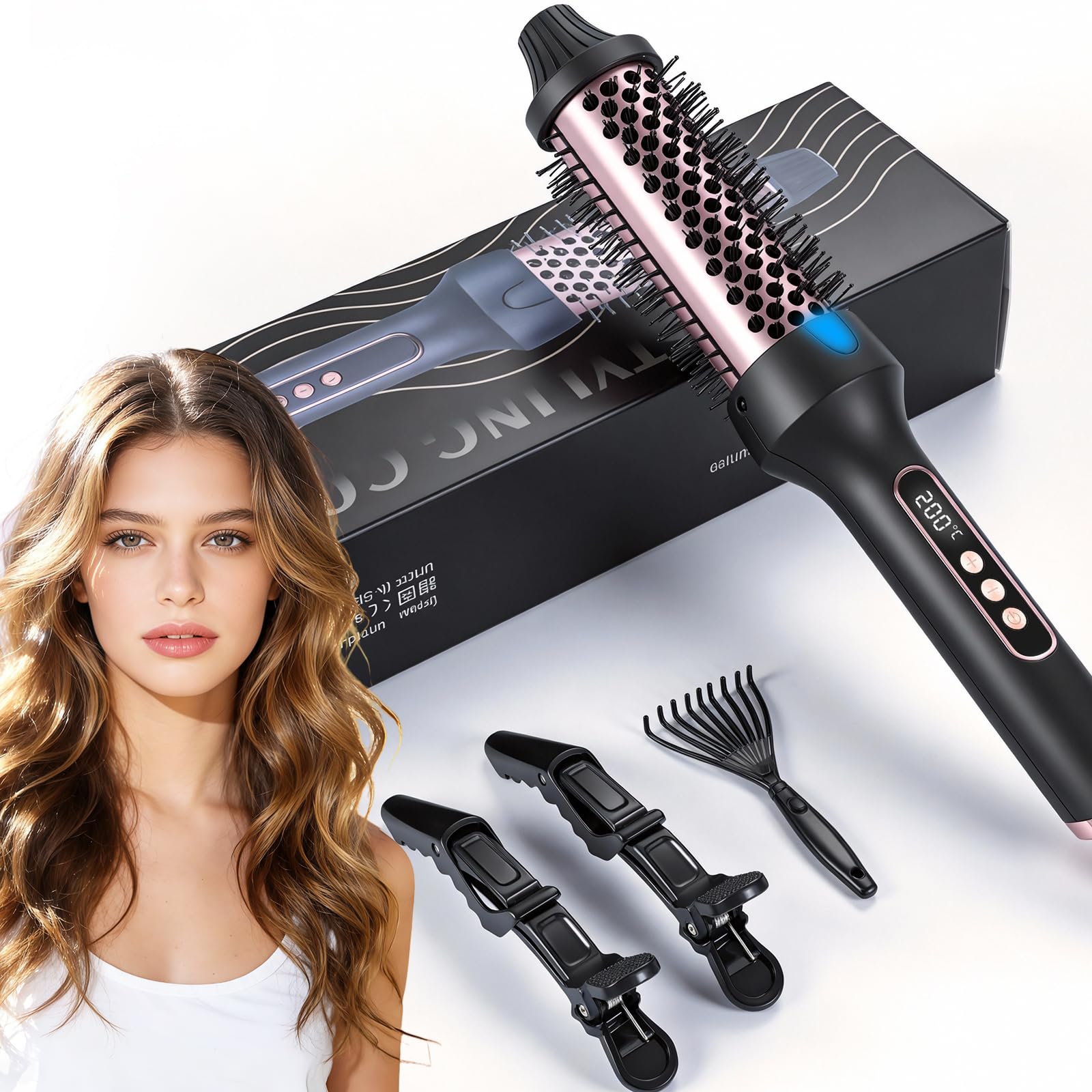 Brosse Chauffante Céramique, 38 mm Thermal Brush 3 in 1, LCD 100-210 °C,Lissage, Boucles Souples, Volume, Design Ionique Anti-Frisottis,5 Réglages de Température,Chauffage Rapide (Style 1)