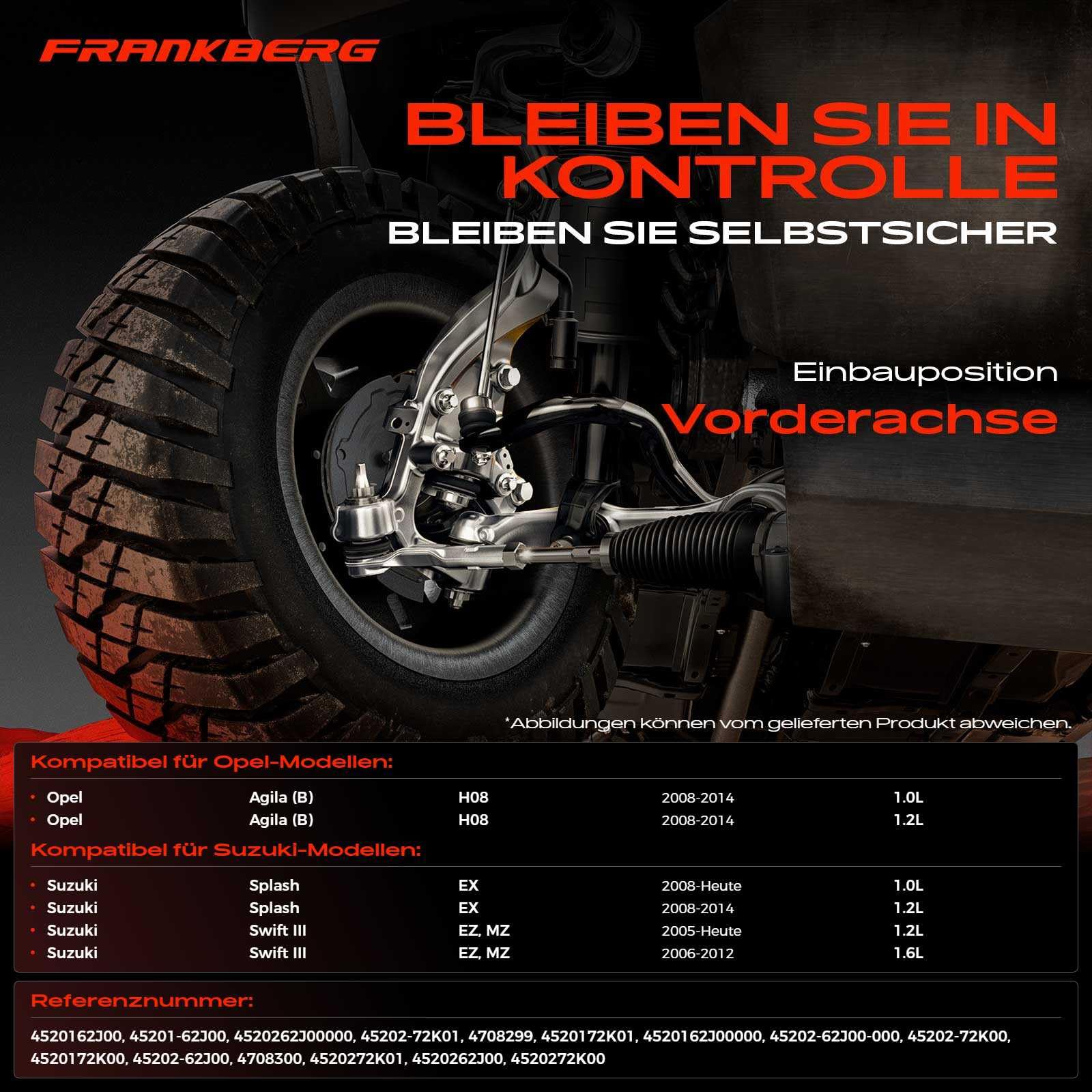 Frankberg 2x Querlenker Vorne Links Rechts Unten Kompatibel mit Agila H08 1.0L 1.2L 2008-2014 Splash EX 1.0L 1.2L 2008-2024 Swift III EZ MZ 1.2L 1.6L 2005-2024 Replace# 4520262J00