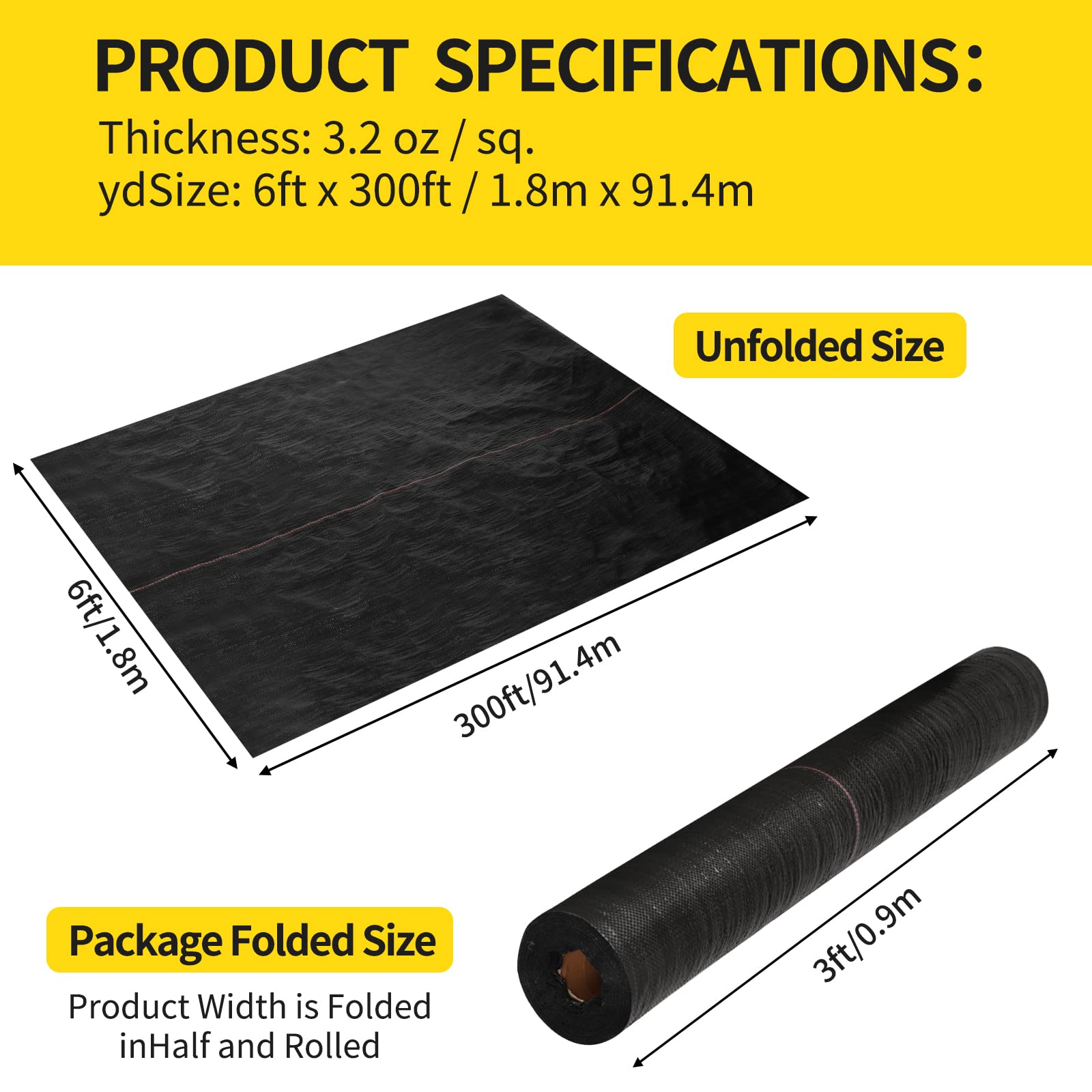 Whonline Landscape Fabric,6ft X 300ft,3.2oz, Black,Garden Weed Barrier,Driveway Fabric Underlayment for Gravel,Heavy Ultra Thick Premium Weeds Control for Flower Bed, Pavers and Other Outdoor Projects