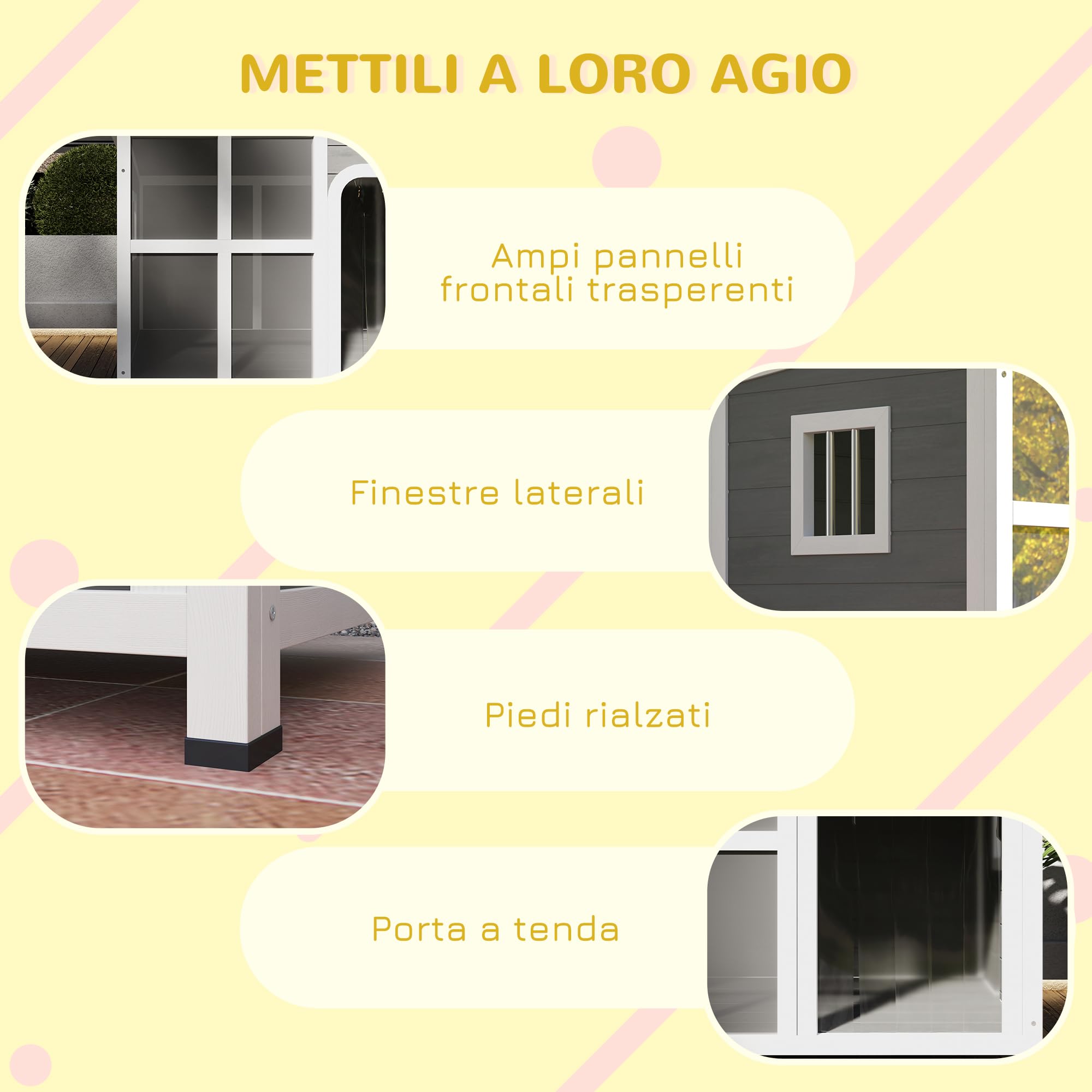 PawHut Casetta per Cani Taglia Piccola e Media con Finestrelle Laterali e Tendina da Ingresso, Cuccia per Cane da Esterno con Base Estraibile e Tettuccio Apribile, 90x62x71 cm, Grigio Chiaro