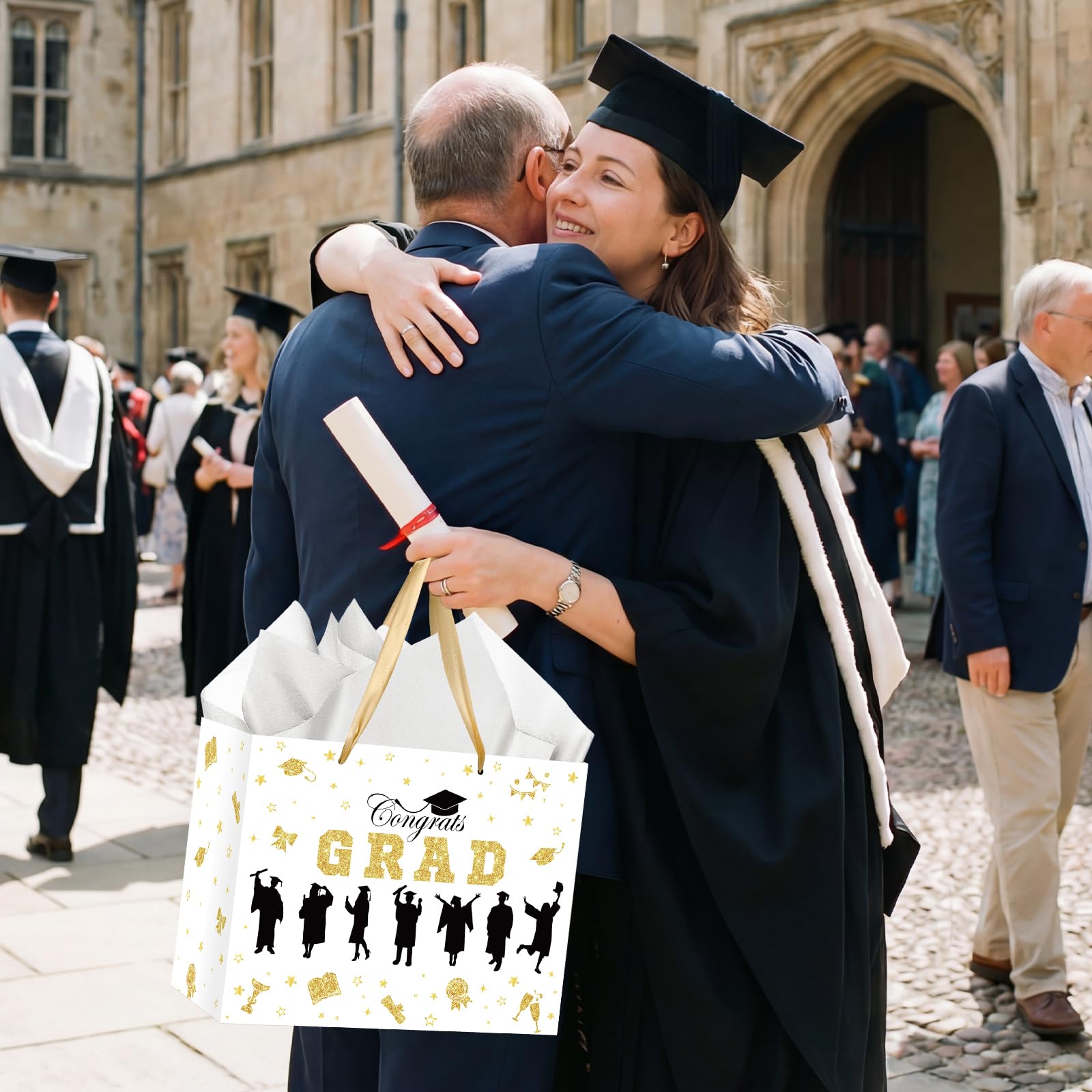 Graduation Gift Bag Class of 2026 Congrats Grad Gift Bag with Tissue Paper and Card Happy Graduation Wrapping Paper Bag for High School College University Gold Glitter Silhouette Theme Decorations