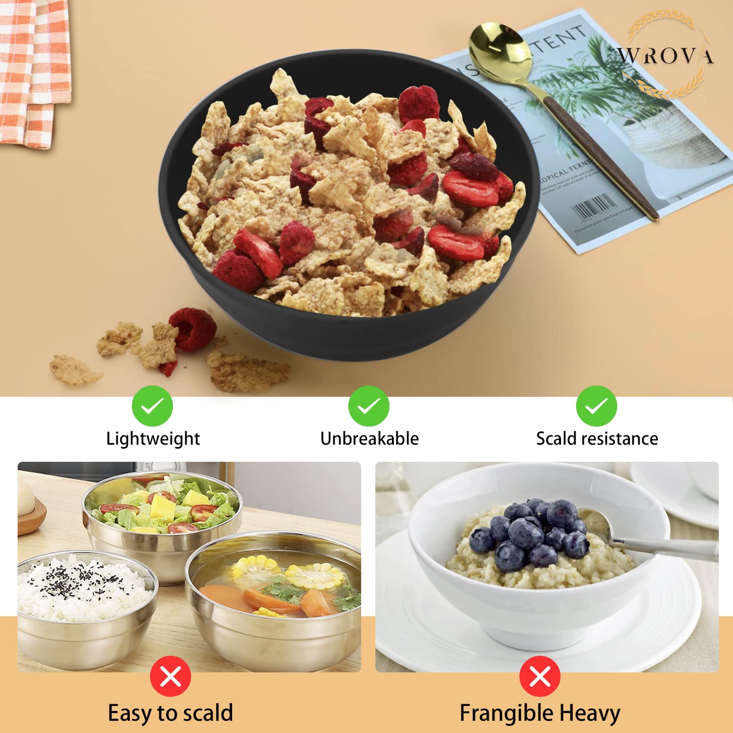Juego de 6 cuencos de paja de trigo de 60 onzas irrompibles para cereales, aptos para microondas y lavavajillas, cuencos grandes para acampar y pícnic, cuencos de sopa sin BPA para servir avena y 4