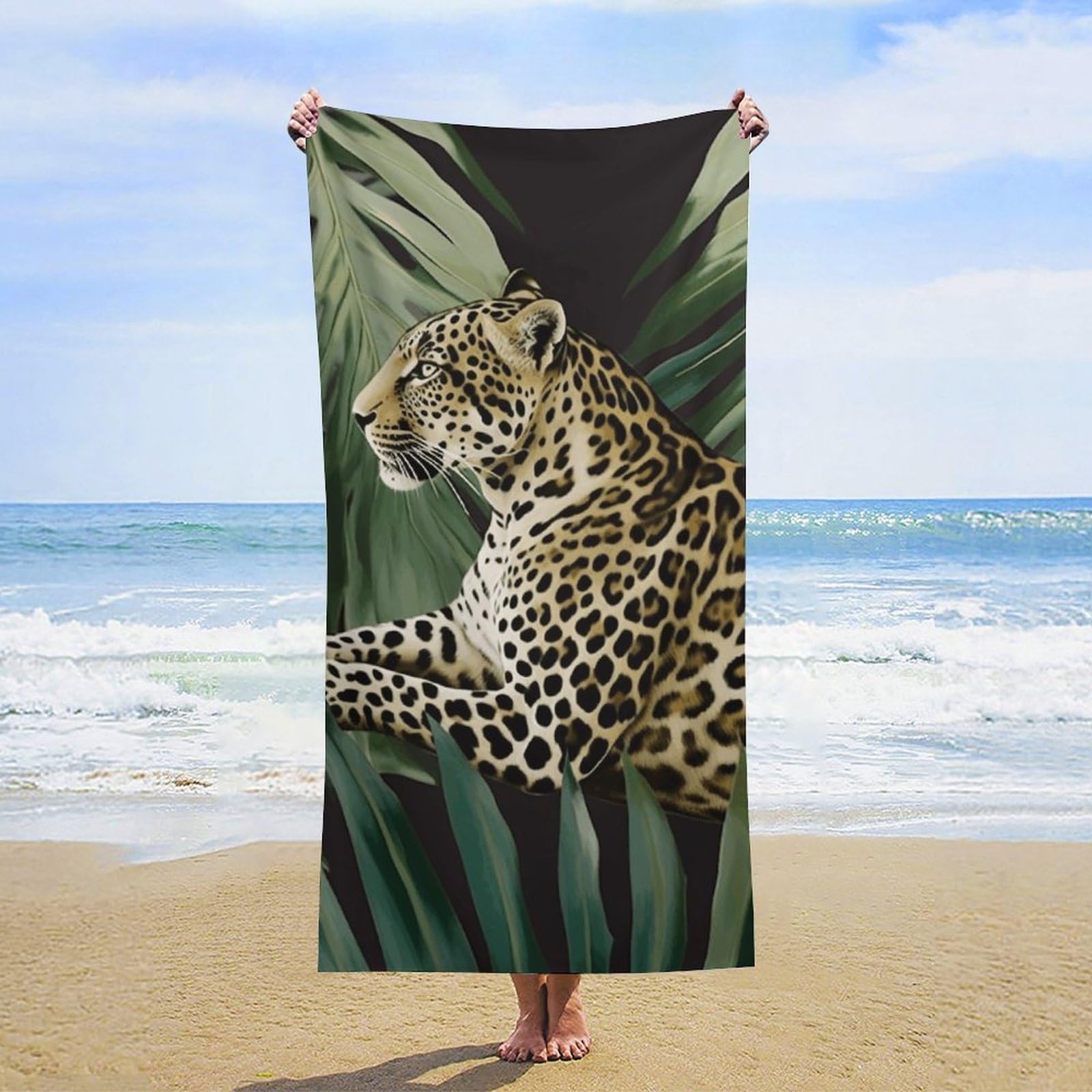 NTVOWPZO Leopard Palm Leaf Beach Towel Oversized Microfiber Bath Towels Lightweight Sand Proof Beach Towels Absorbent Pool Towels for Swimming Yoga Bathroom Towel 31.5" X 63"