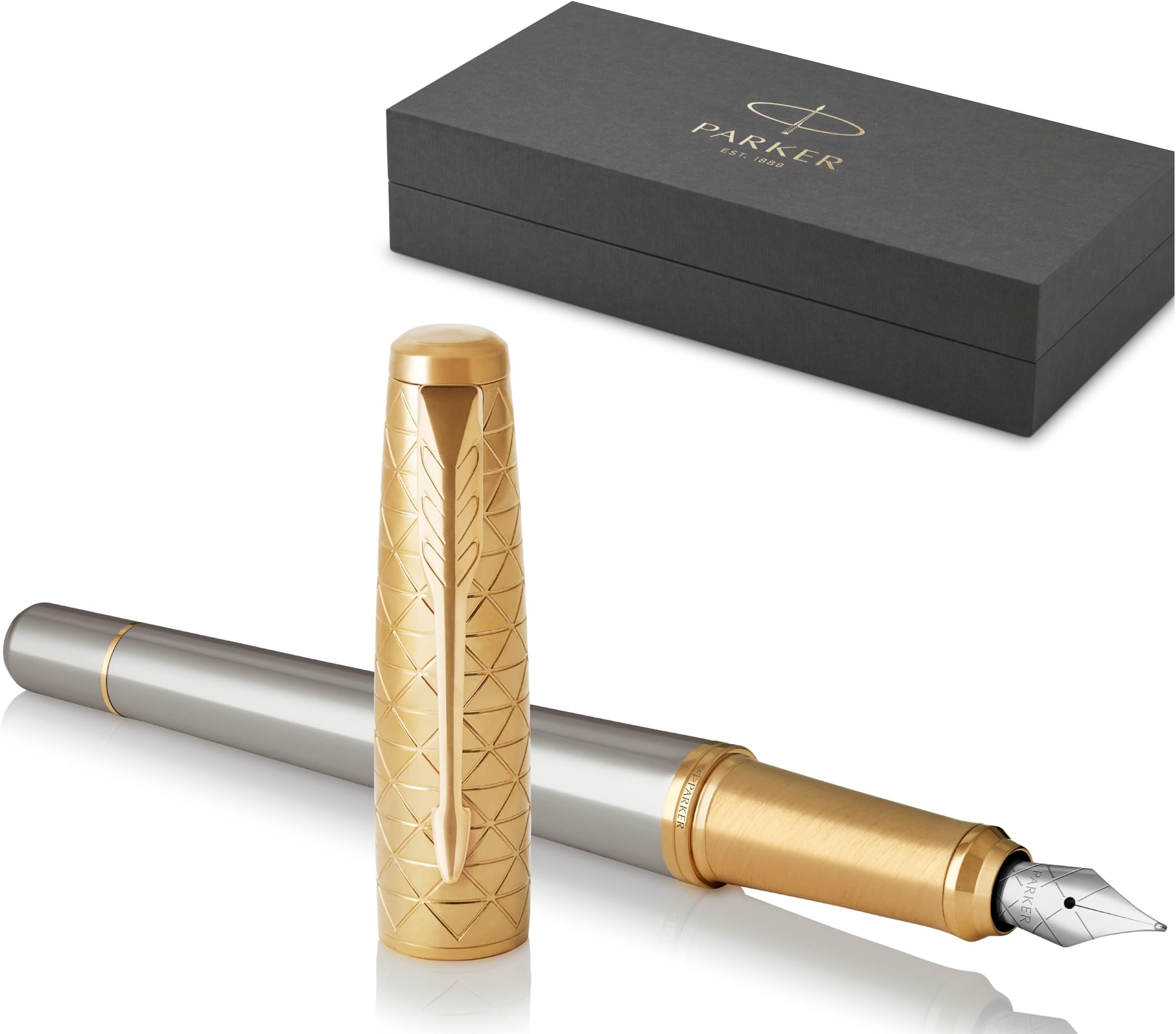 – Urban Premium Metal Fountain Pen | Aureate Gold Powder with Intricate Engraved Pattern | Gold Trims | Medium Nib | Black Ink | Luxury Gift Box