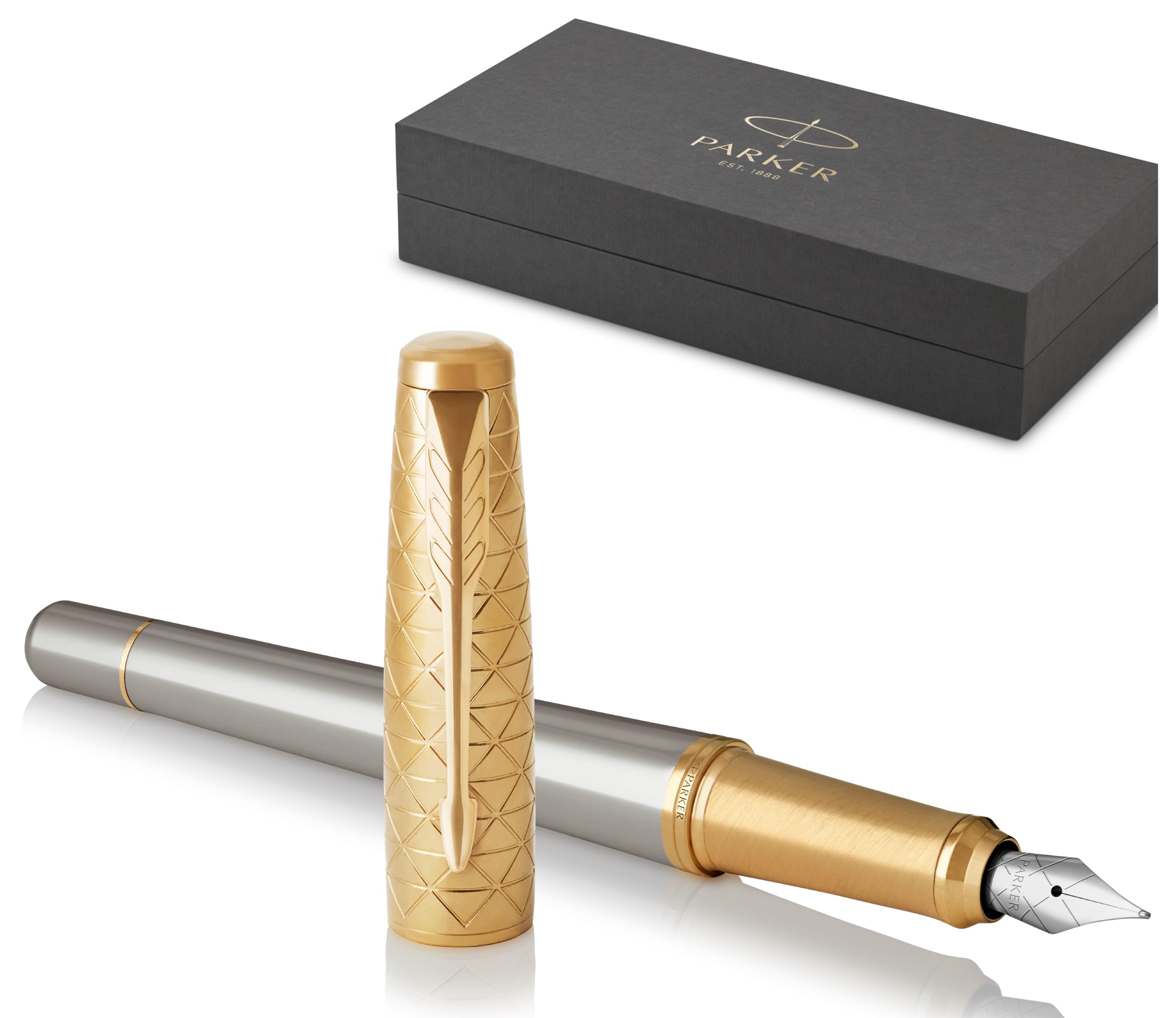 Urban Premium Metal Fountain Pen | Aureate Gold Powder with Intricate Engraved Pattern | Gold Trims | Medium Nib | Black Ink | Luxury Gift Box