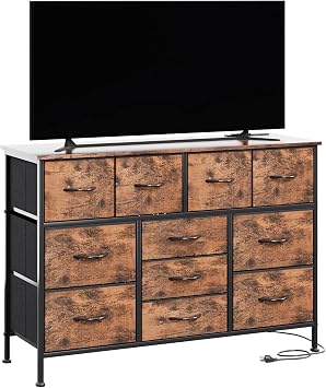 CAIYUN Chest of Drawer for Bedroom, Power Outlet 11 Fabric Drawers TV Stand Dresser with for 55 Inch TV, Closet Organizers for Living Room, Brown
