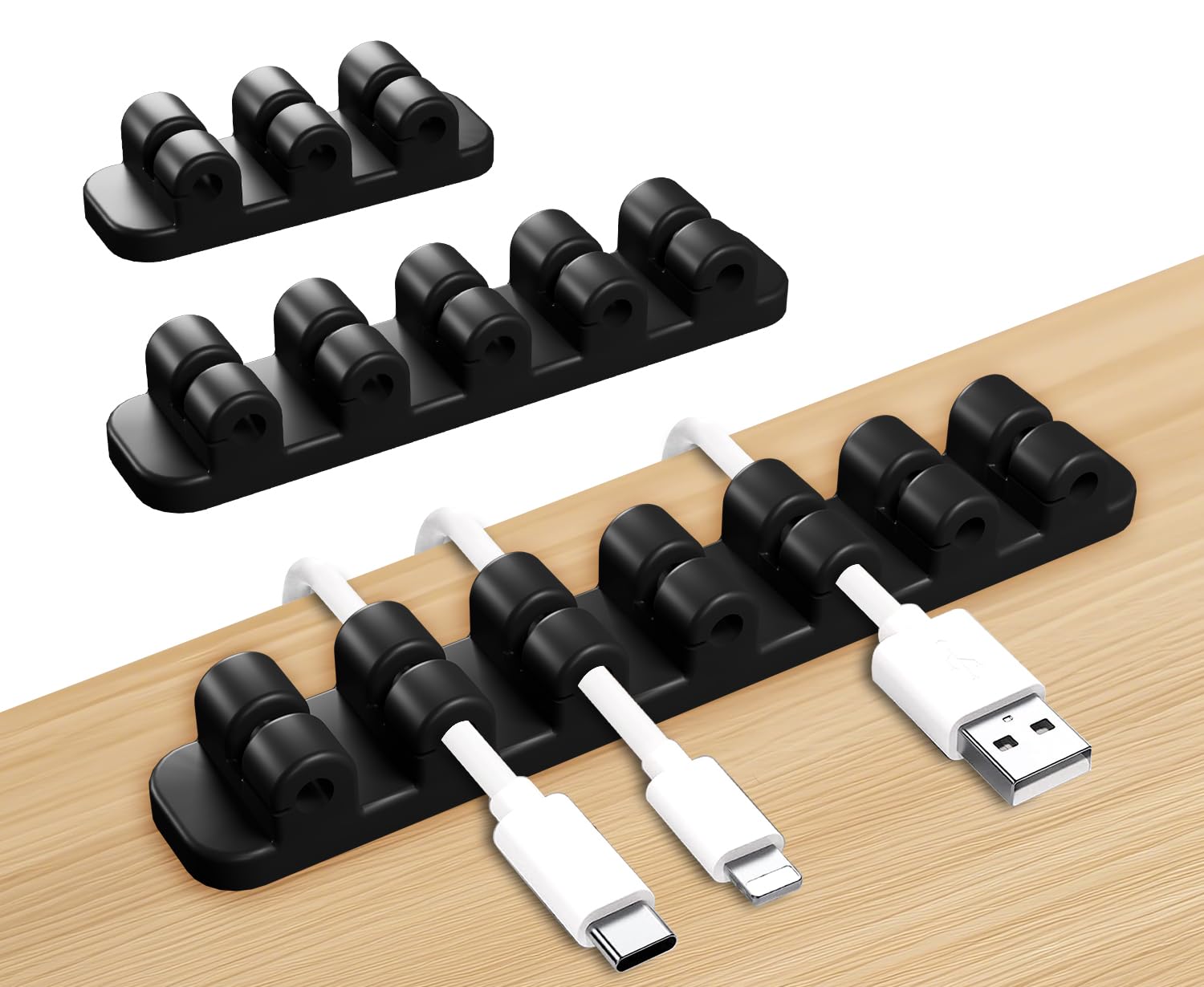 SOULWIT Upgraded Cable Holder Clips, 3-Pack Cable Management Cord Organizer Clips Silicone Self Adhesive for Desktop USB Charging Cable Power Cord Mouse Wire PC Office Home (3/5/7 Slot,Black)