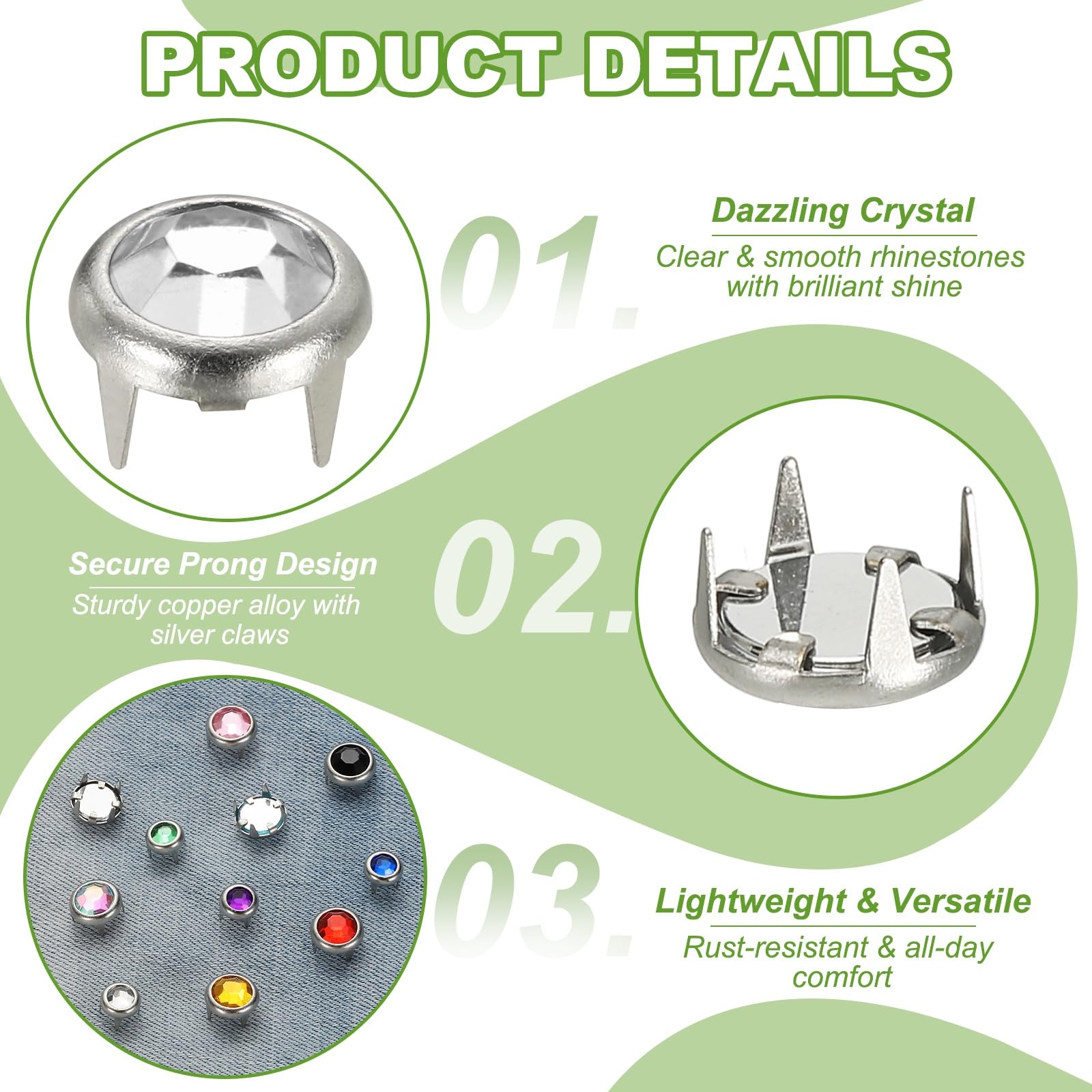 YELARXI Rhinestone Studs, Rhinestone Claw Beads Nailhead Crystal Claw Rivets Punk Spikes Decorative Round Rivets - Image 3