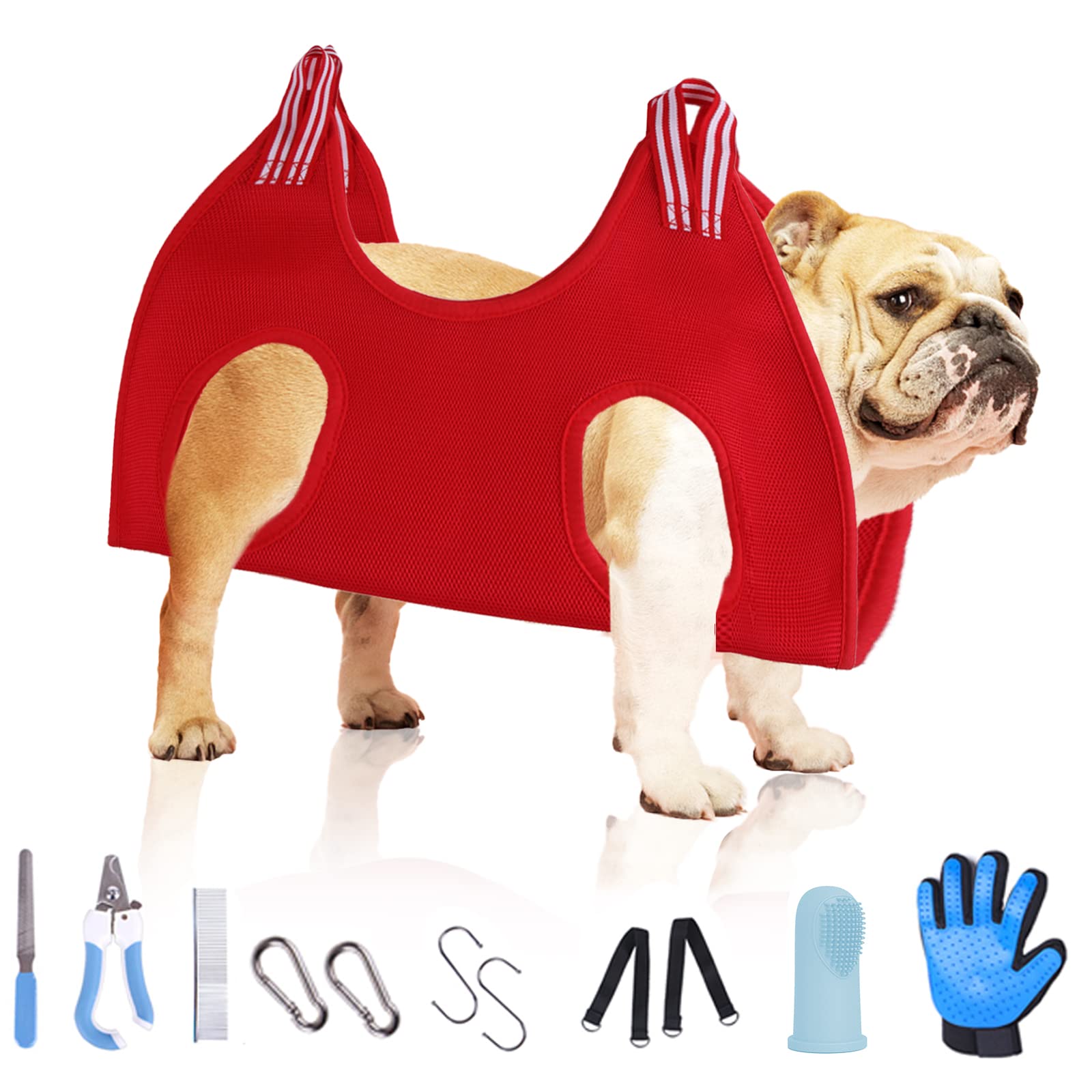 Figermoon Pet Grooming Hammock,Dog Grooming Hammock Set with Nail Clippers,Nail File,Toothbrush,Glove and Comb,Dog Grooming Sling for Nail Trimming Tooth Care