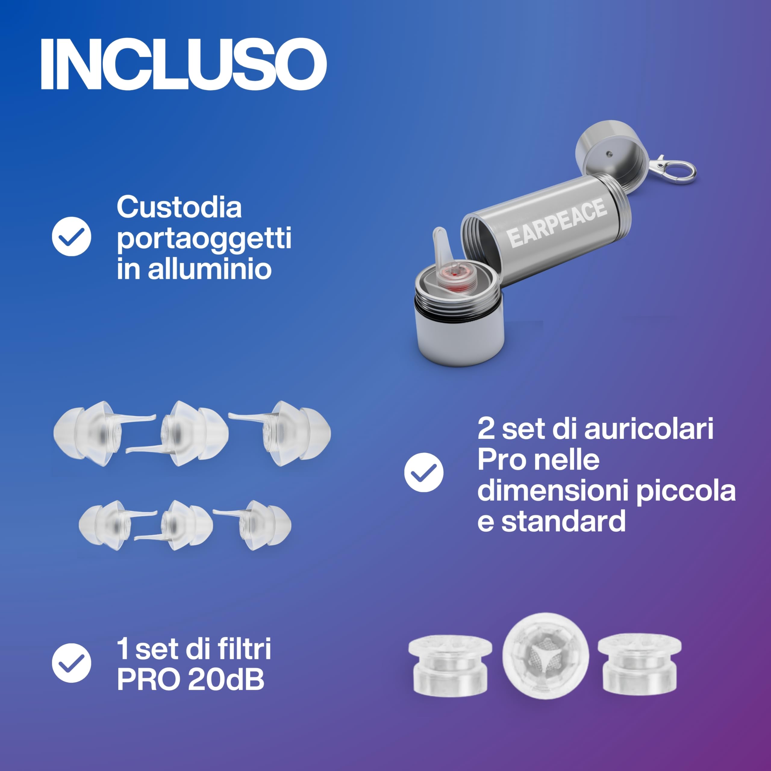 EarPeace PRO Tappi Orecchie Antirumore Musicisti Alta Fedeltà 20 dB