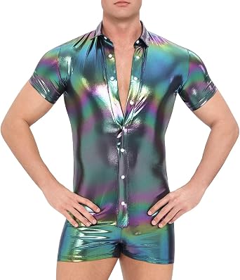 Landofgenie Mens Metallic Bodysuit Trippy Shiny Henley Jumpsuit Short Sleeve Button Up Romper for Disco Party Costume