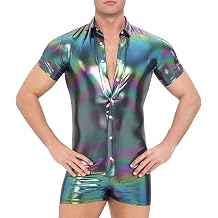 Landofgenie Mens Metallic Bodysuit Trippy Shiny Henley Jumpsuit Short Sleeve Button Up Romper for Disco Party Costume
