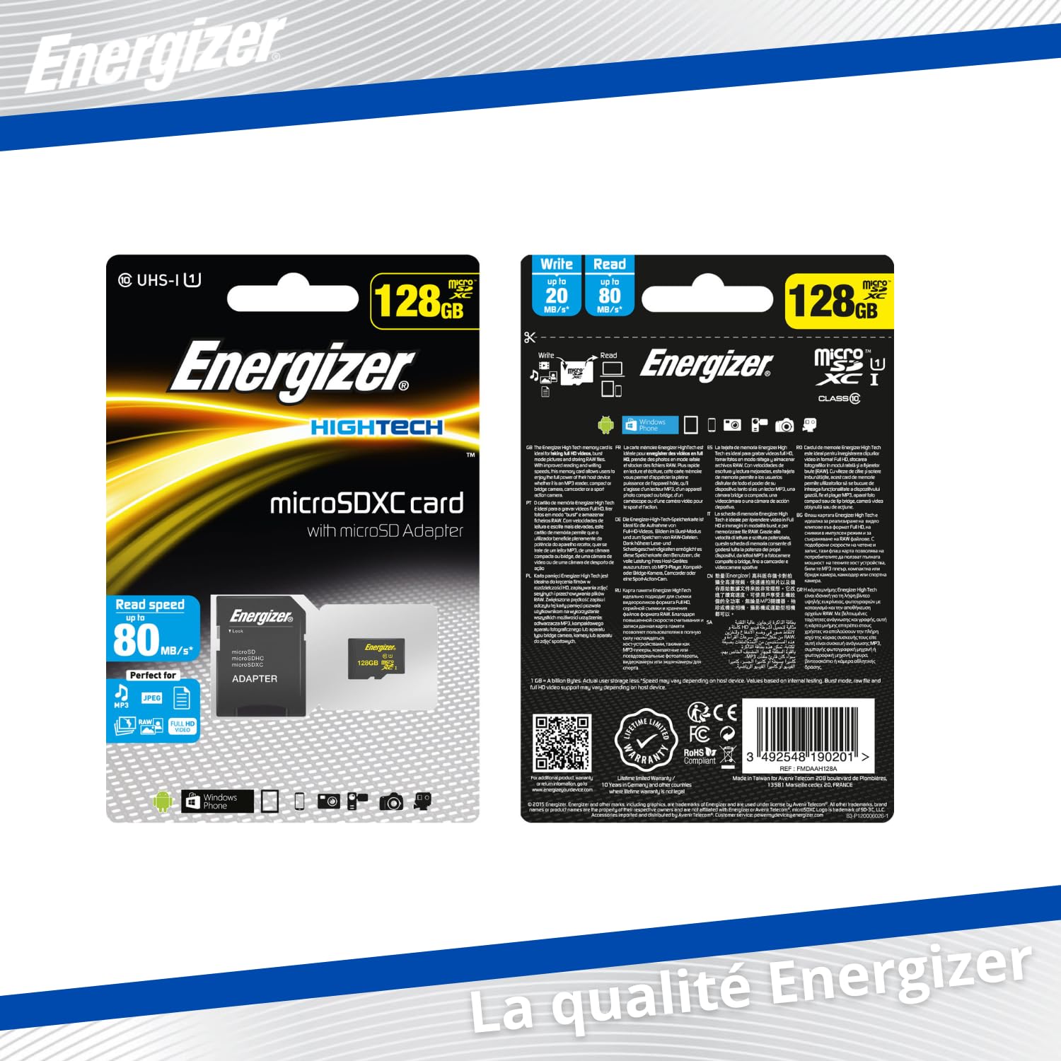 Energizer Carte Mémoire MicroSDXC 128 Go avec Adaptateur SD Inclus - Classe 10, UHS-I U1, Vitesse de Lecture 80 Mo/s - Stockage pour Smartphone, Tablette, Nintendo Switch et Appareil Photo