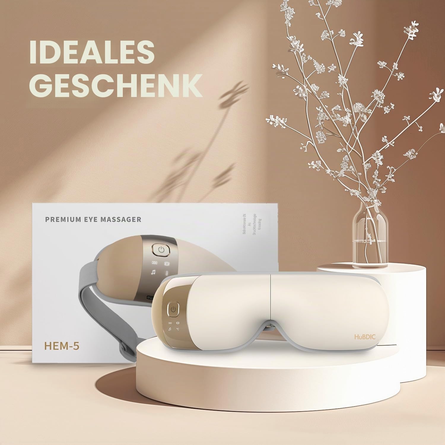 HubiCare Hem-5 Premium Augenmassagegerät mit Wärme und Vibration, für trockene Augen und zur Entspannung der Augen Augenbelastung Augenringe Augenbeutel und verbessern den Schlaf (Beige)