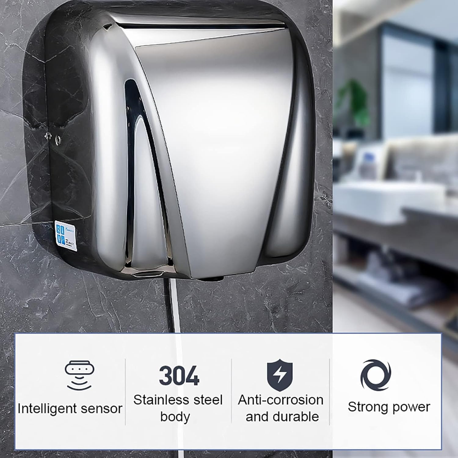 Commercial Hand Dryer Automatic Sensor Hand Dryer Fast Dry in 10s Constant Temperature Heating & Power-Off Protection Wall Mounted Electric Hot Air Hand,Black