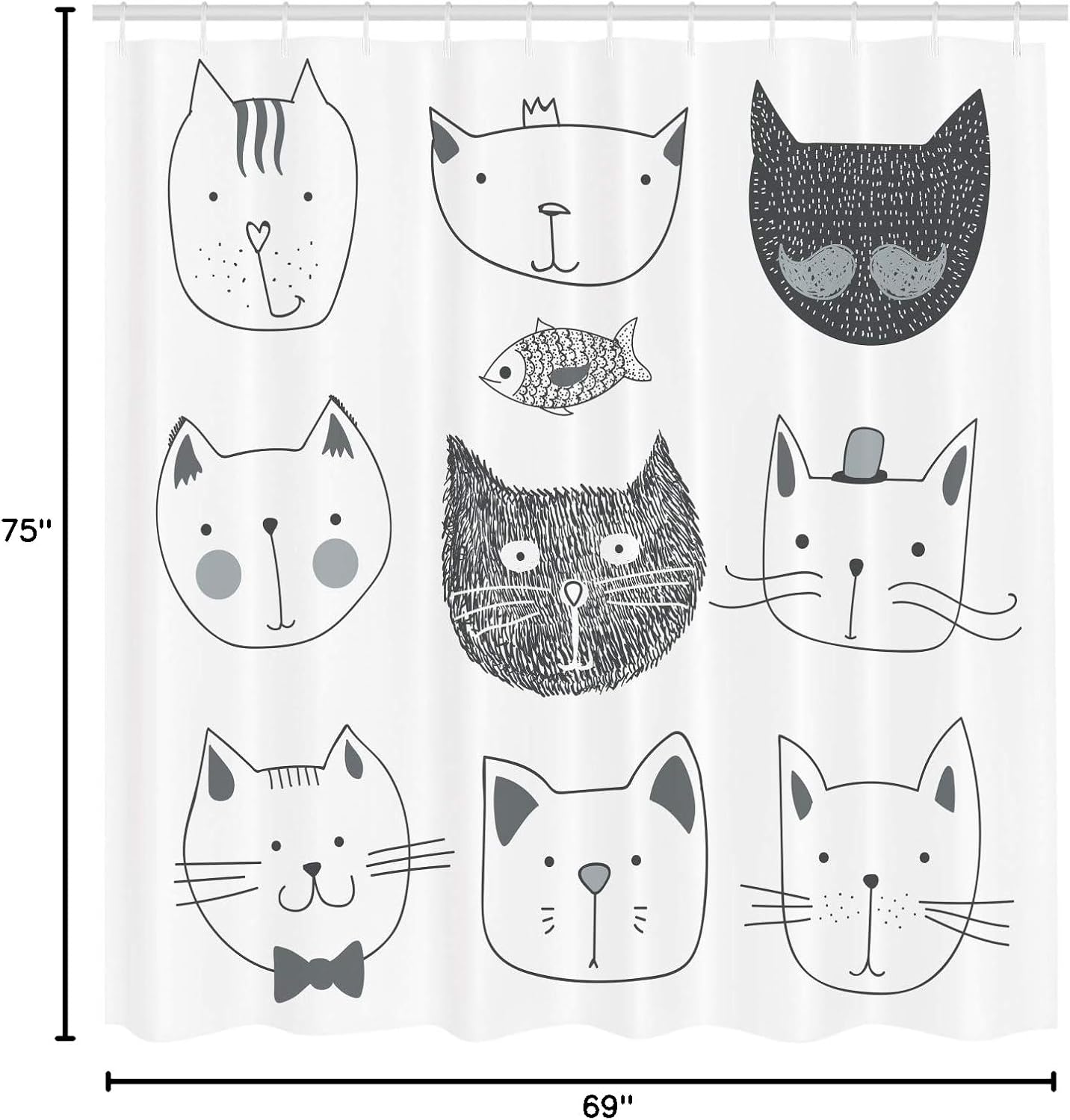 Ambesonne Cat Shower Curtain, Pets Moustache Bow Tie Hat Crown Fluffy and Fish Humor Faces Graphic, Cloth Fabric Bathroom Decor Set with Hooks, 69" W x 75" L, Taupe Grey