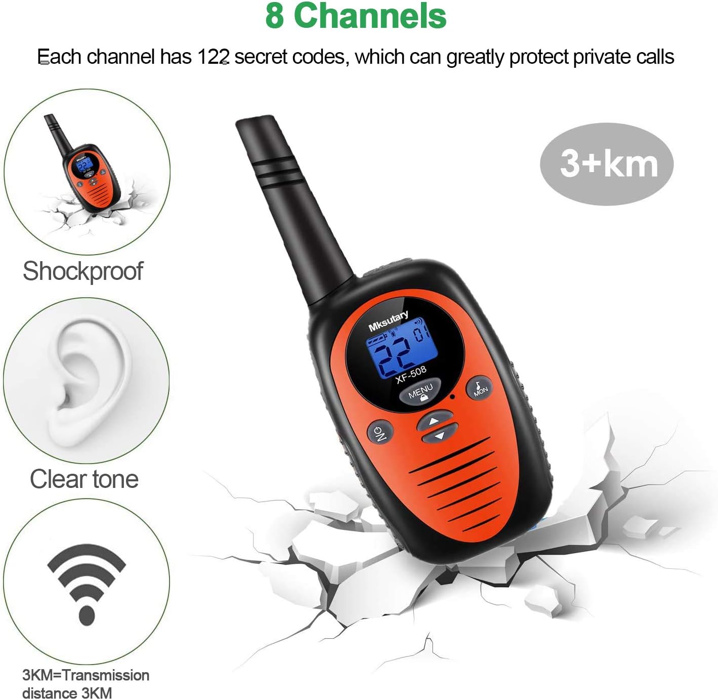 Mksutary XF-508 walkie talkie with icons for shockproof, clear tone, 8 channels, and 3+km range.