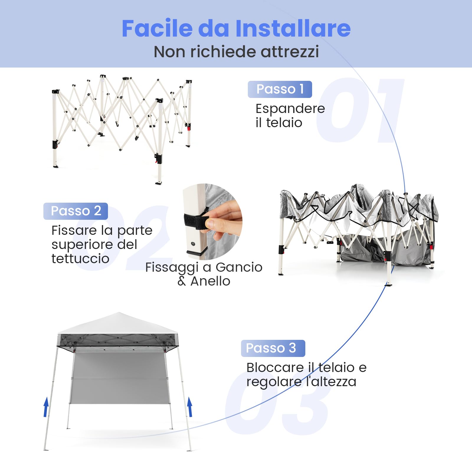 COSTWAY Gazebo Pop-up da Esterno 182 x 182 cm, Gazebo Pieghevole con 1 Parete Laterale, Gambe Inclinabili Regolabili e 4 Picchetti, Tendone Impermeabile per Feste, Campeggio e Picnic (Bianco)
