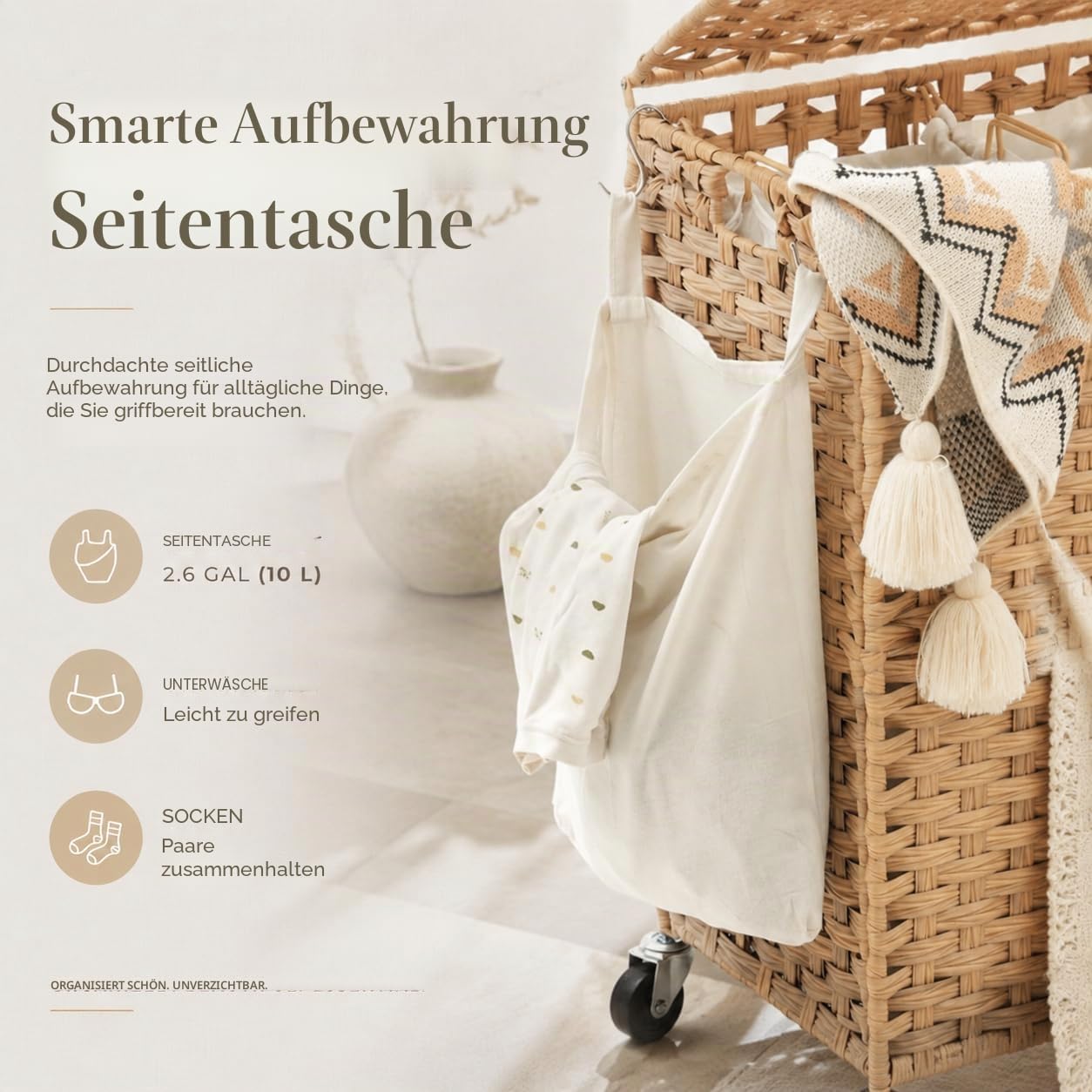 160L Wäschekorb mit Rollen und Regal, Wäschewagen mit Deckel | Handgeflochtener PE-Rattan, Großer Wäschekorb, Wasserfest für Badezimmer, Schlafzimmer und Waschküche