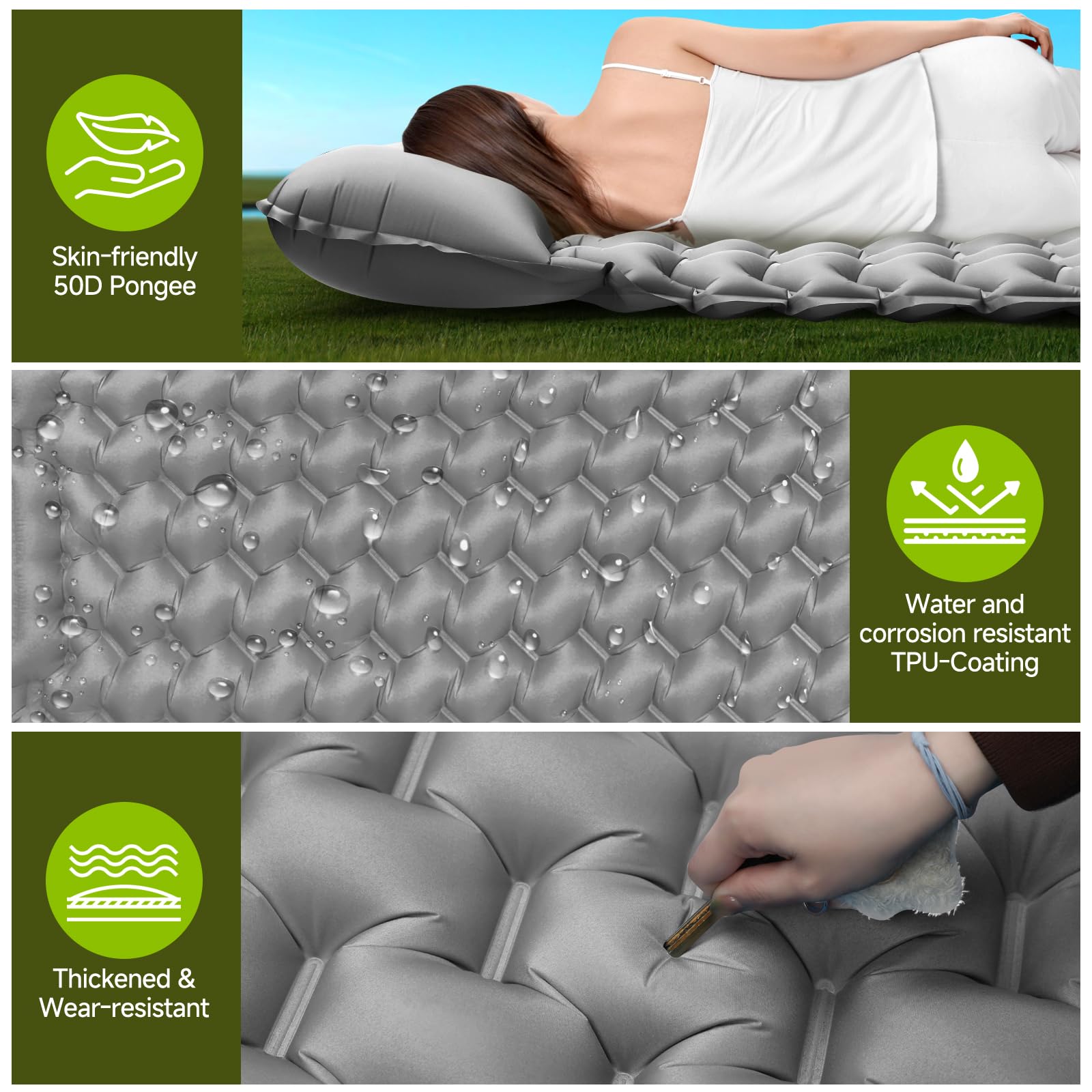 Matelas de Camping Autogonflant Double pour 2 Personnes 200x130 CM Ultraléger Tapis de Camping avec Oreiller Étanche Matelas Gonflables Unique Portable pour Voyage, Plage, la Randonnée