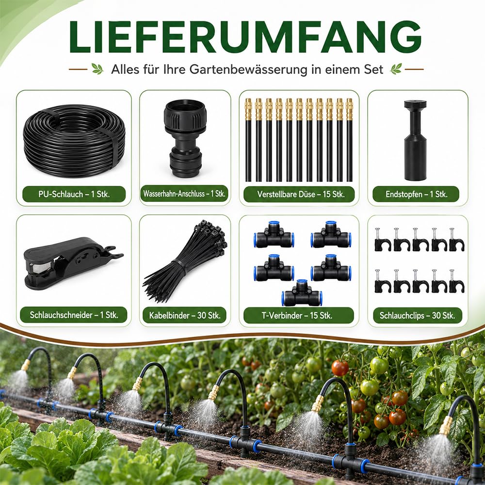 LIGBT Sistema di irrigazione automatico da giardino, 15 m, 360°, set completo con 15 ugelli di spruzzo regolabili, nebbia e irrigazione a goccia, per balconi, serre, aiuole rialzate, piante in vaso e