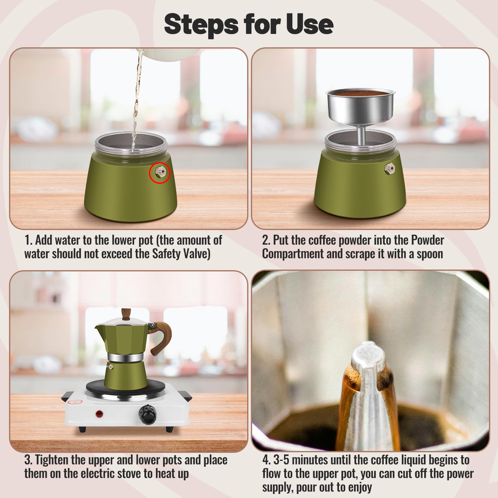 Cafetera de aluminio para 3 tazas, cafetera clásica de 150 ml, cafetera percoladora Mocha Express, cafeteras preferidas para café italiano y cubano, color verde