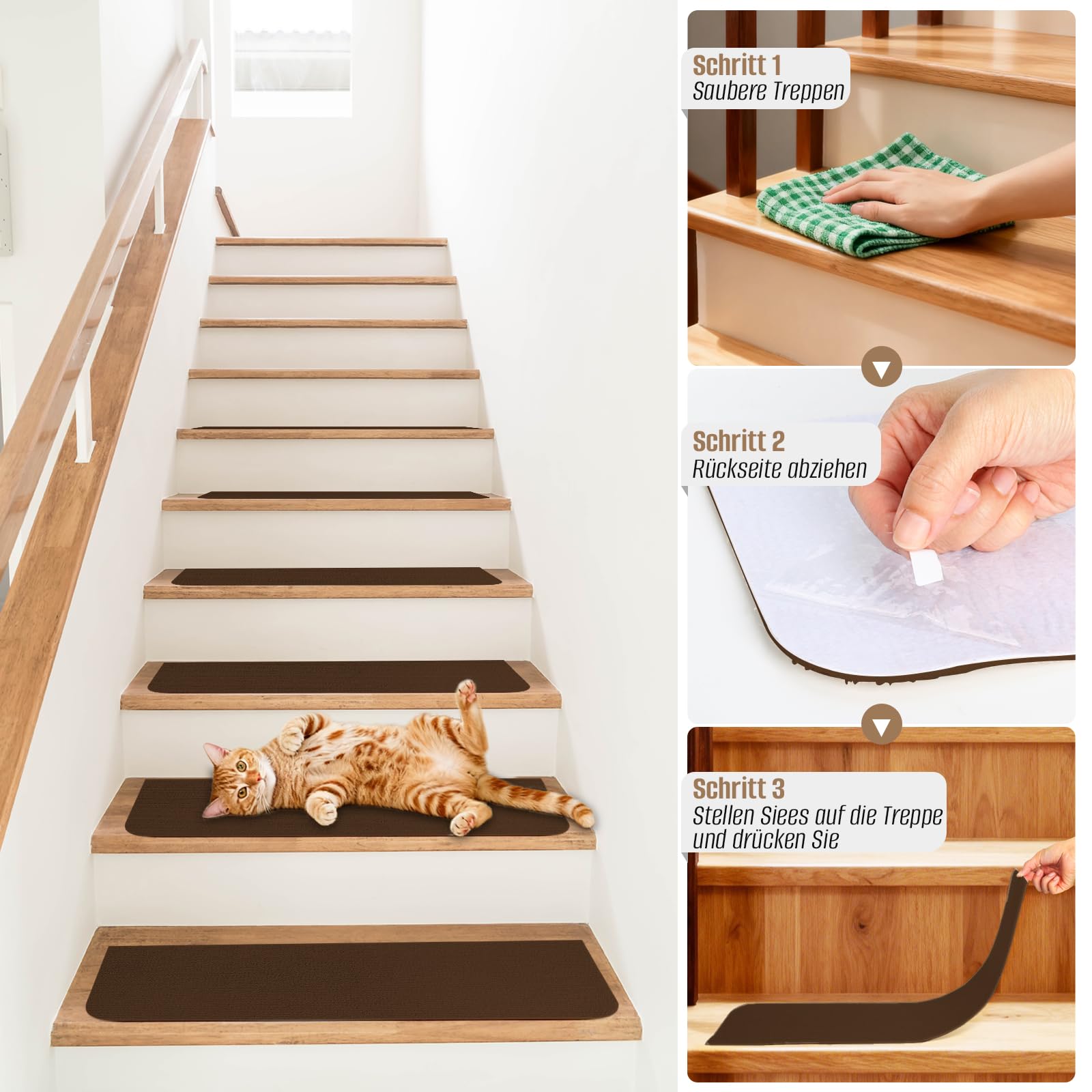 Stufenmatten Selbstklebend, Anti-Rutsch Treppen Teppich, 15 Stück Treppenstufen Matten, 76x20 cm Treppenschutzmatten für Innen, Ideal für Kinder, Senioren und Haustiere（Braun）