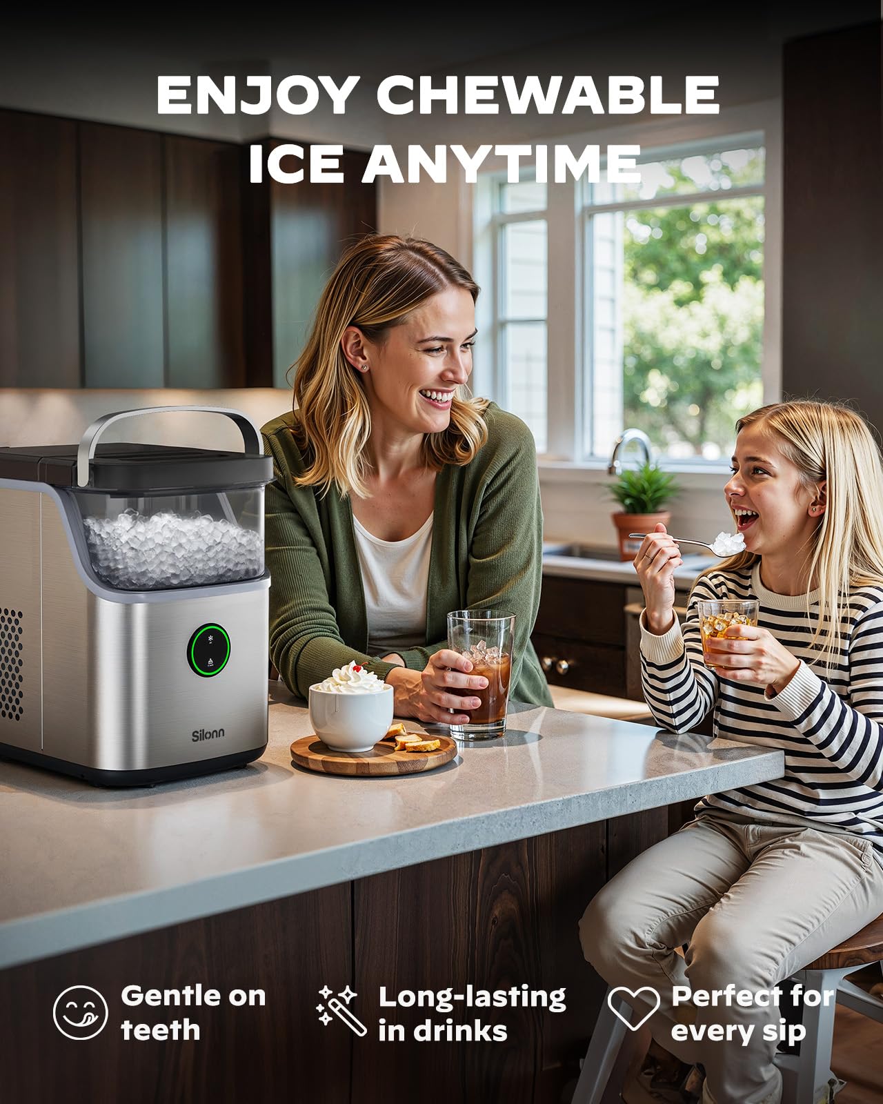 Silonn Nugget Ice Maker Countertop, Ice Basket with Handle, Quiet Operation & Self Cleaning Ice Machine, Chewable Ice, 33 lbs/24H, Portable Pellet Ice Maker with Scoop for Home, Kitchen and Office view 3
