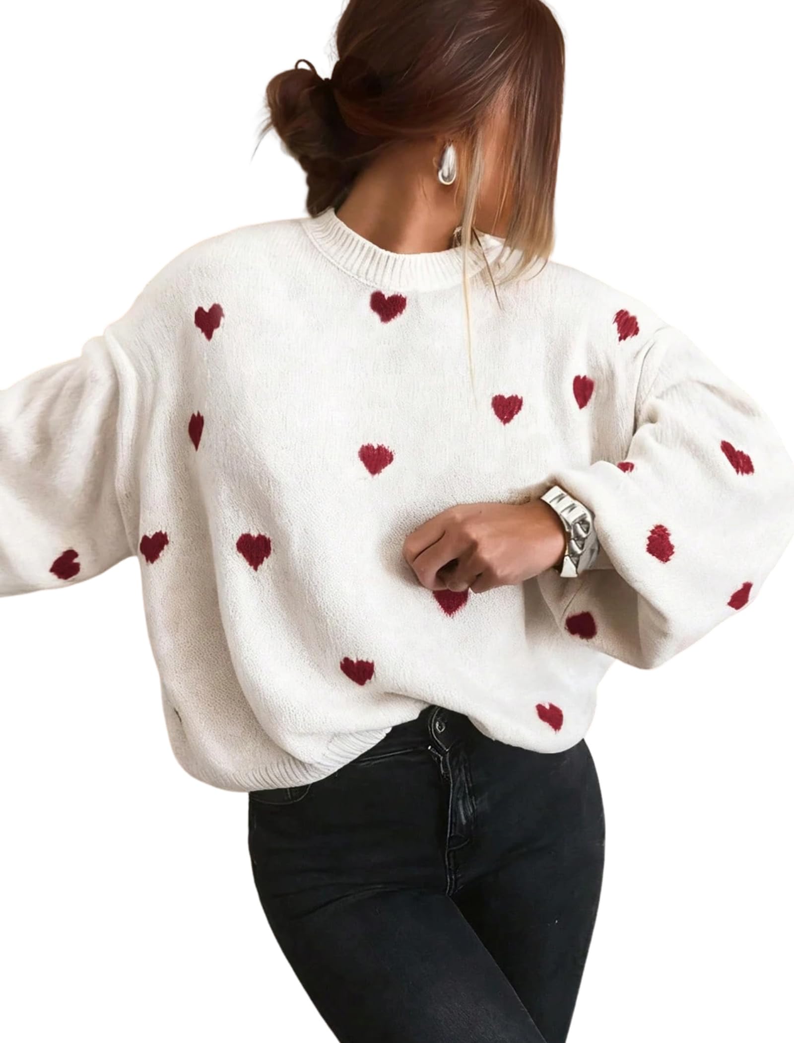 ZAFUL Womens Oversized Sweaters Cute Heart Print Valentines Day Pullover Tops Crewneck Lantern Sleeve Chunky Sweater