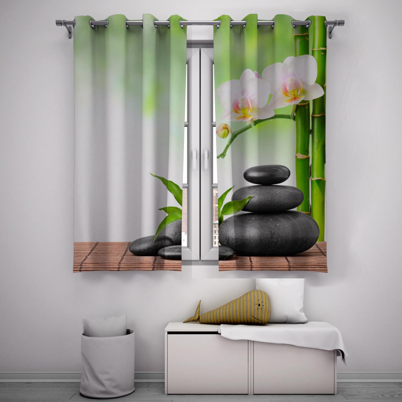 Zen kamienne bambusowe zasłony zaciemniające do spa, kwiatowe zasłony do biura, zasłony w stylu chińskim, oszczędność energii, zestaw 2 szt., wys. 210 x szer. 200 cm