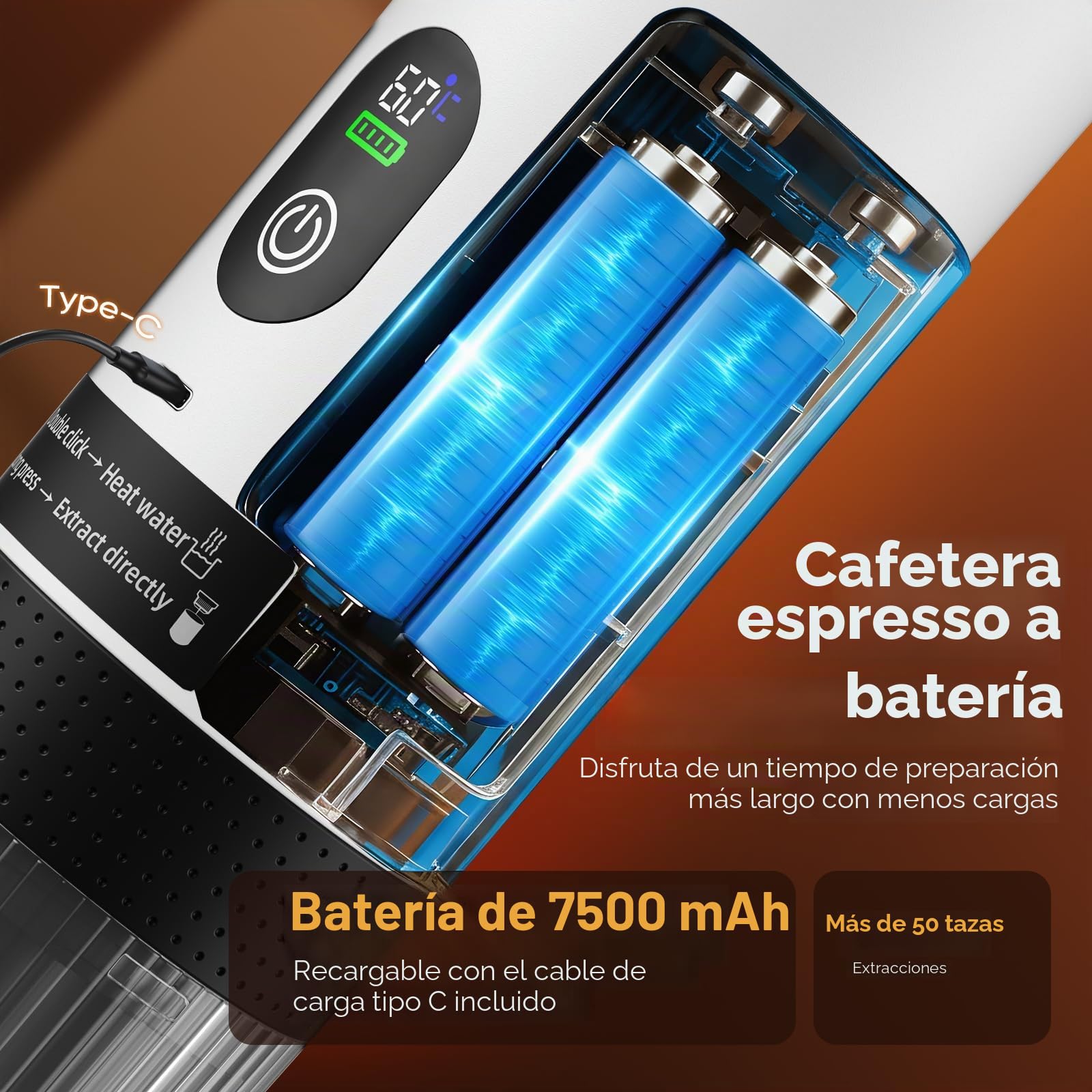 Cafetera Portatil, Cafetera Multicapsulas y Molido, Carga Rápida USB-C, Maquina de Cafe Ideal para Acampadas, Senderismo, Viajes y Autocaravanas (Blanco)