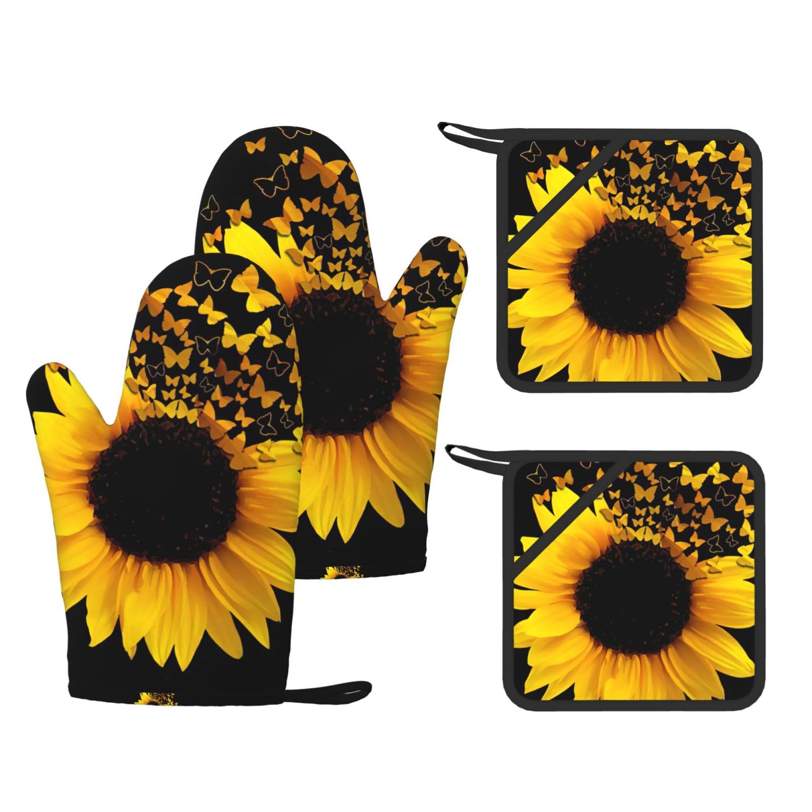 Sunflower Floral Butterflies Art Print Oven Mitts And Pot Holders Pads Set, Oven Glove High Heat Resistant 500 Degree For Kitchen
