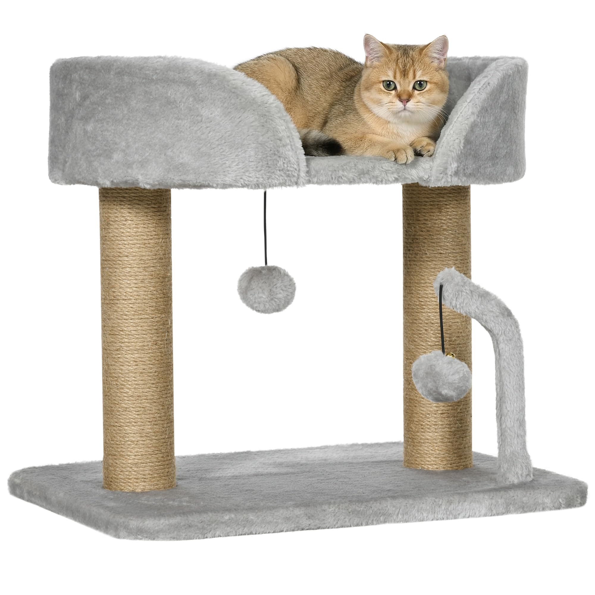 PawHut Torre per Gatti max 5kg con Tiragraffi in Juta, Albero per Gatti con Palline Giocattolo e Rivestimento in Peluche, 48x38x42 cm, Grigio