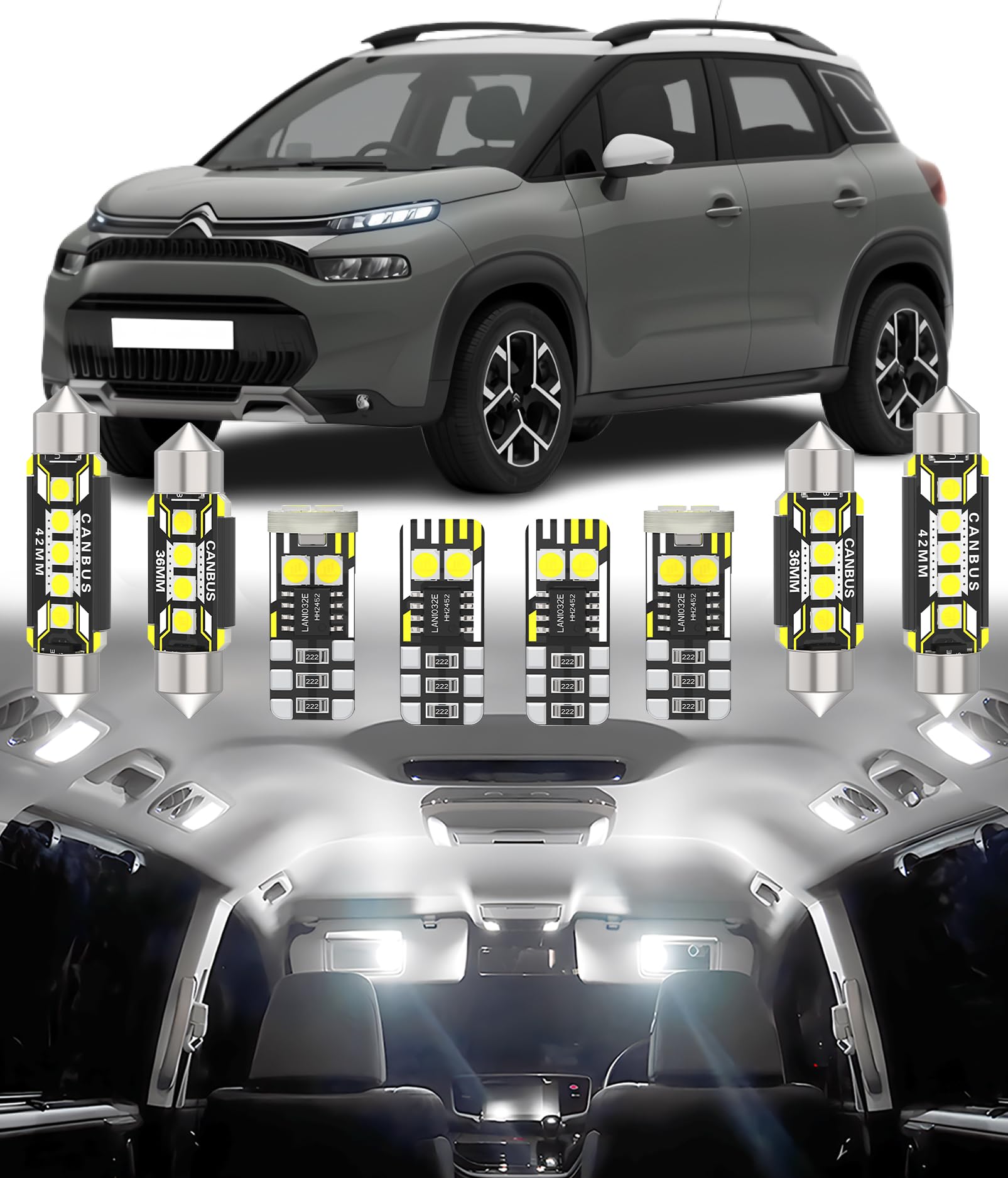 BMT xms 10pz Kit di Luci LED per Interni per Citroën C3 Picasso Aircross 2008-2024, Lampadine LED per Interni Auto e Camion 6000K Bianco Luminoso