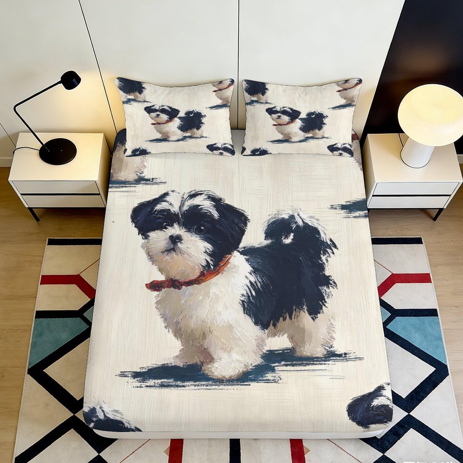 3D Printed Cute Puppy Fitted Sheet Microfiber Soft Breathable Artistic Dog Bed Cover for Bedroom Dormitory Guest Room Mattress Protection Decor 180x200x25cm